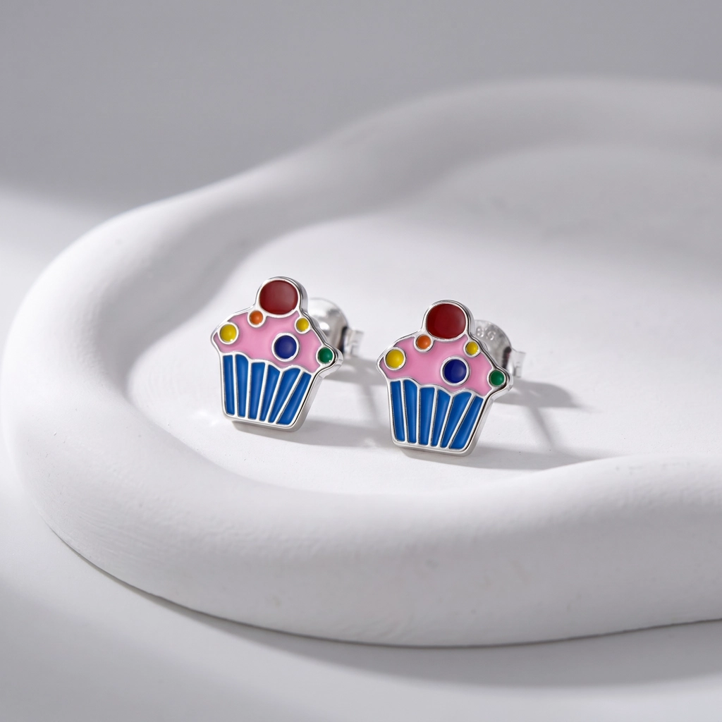 Cute Cupcake Enamel Earrings For Kids - Rhodium Plated 925 Sterling Silver - Premium Jewelry