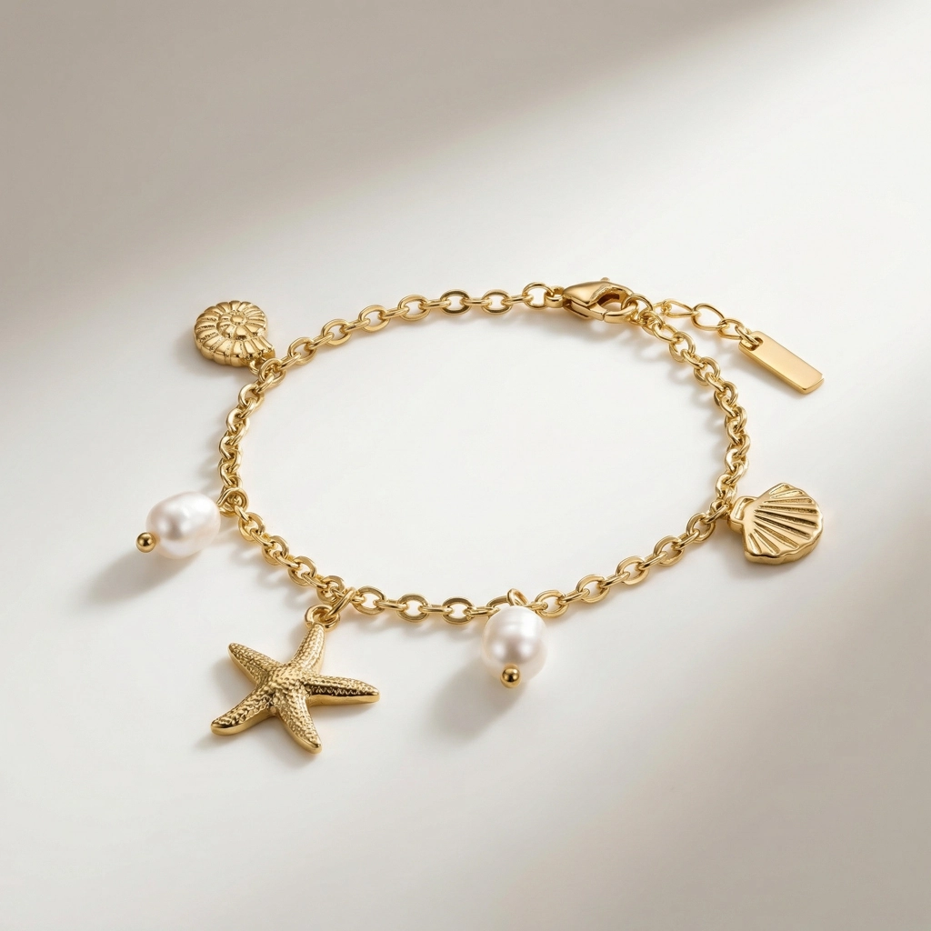 Pearl Shell Charm Bracelet - 18K Gold Plated Stainless Steel - Premium Jewelry