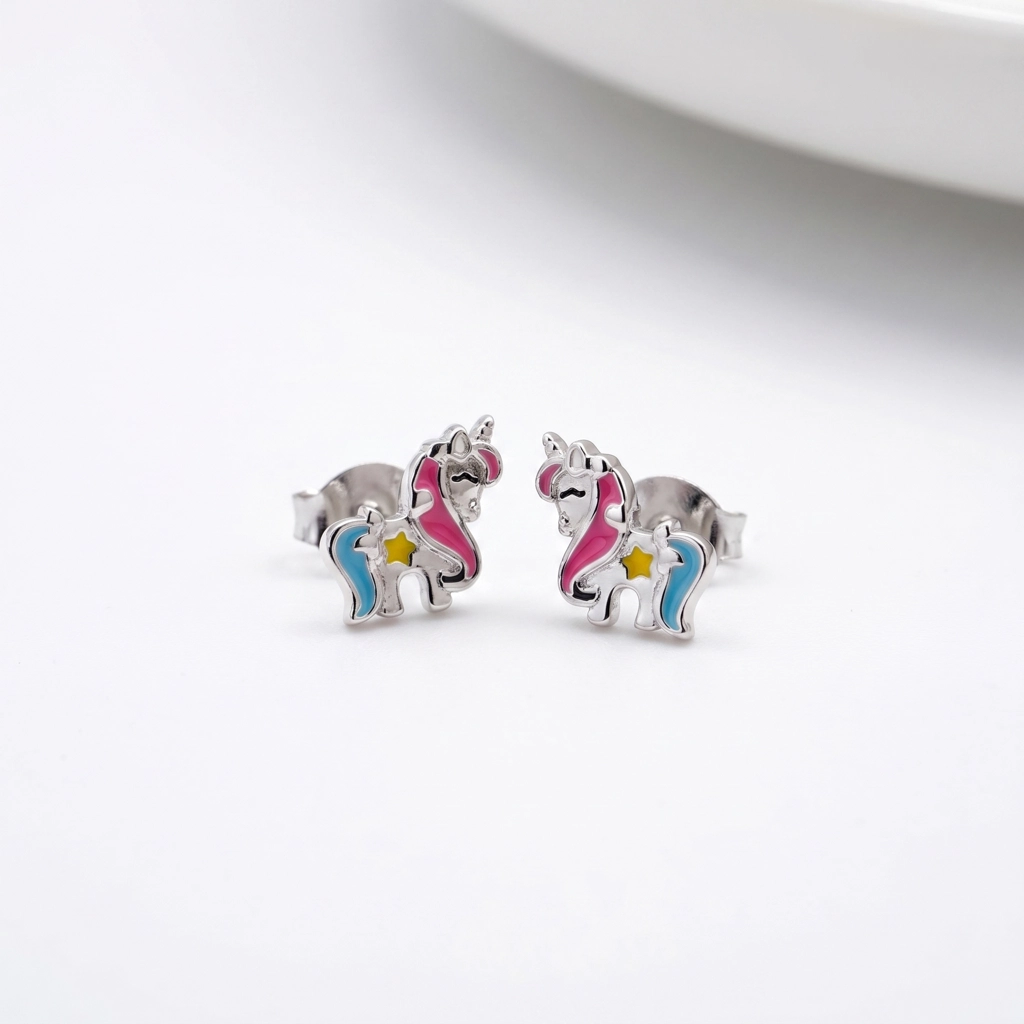Rhodium Plated 925 Sterling Silver Funky Unicorn Stud Earrings For Kids - Premium Jewelry