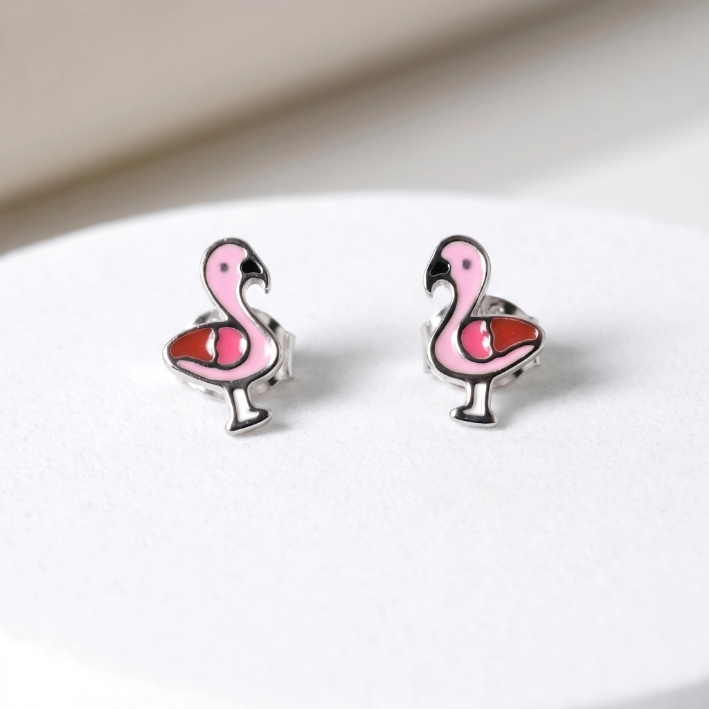 Cute Enamel Flamingo Stud Earrings - 925 Sterling Silver Kids Jewelry - Premium Jewelry