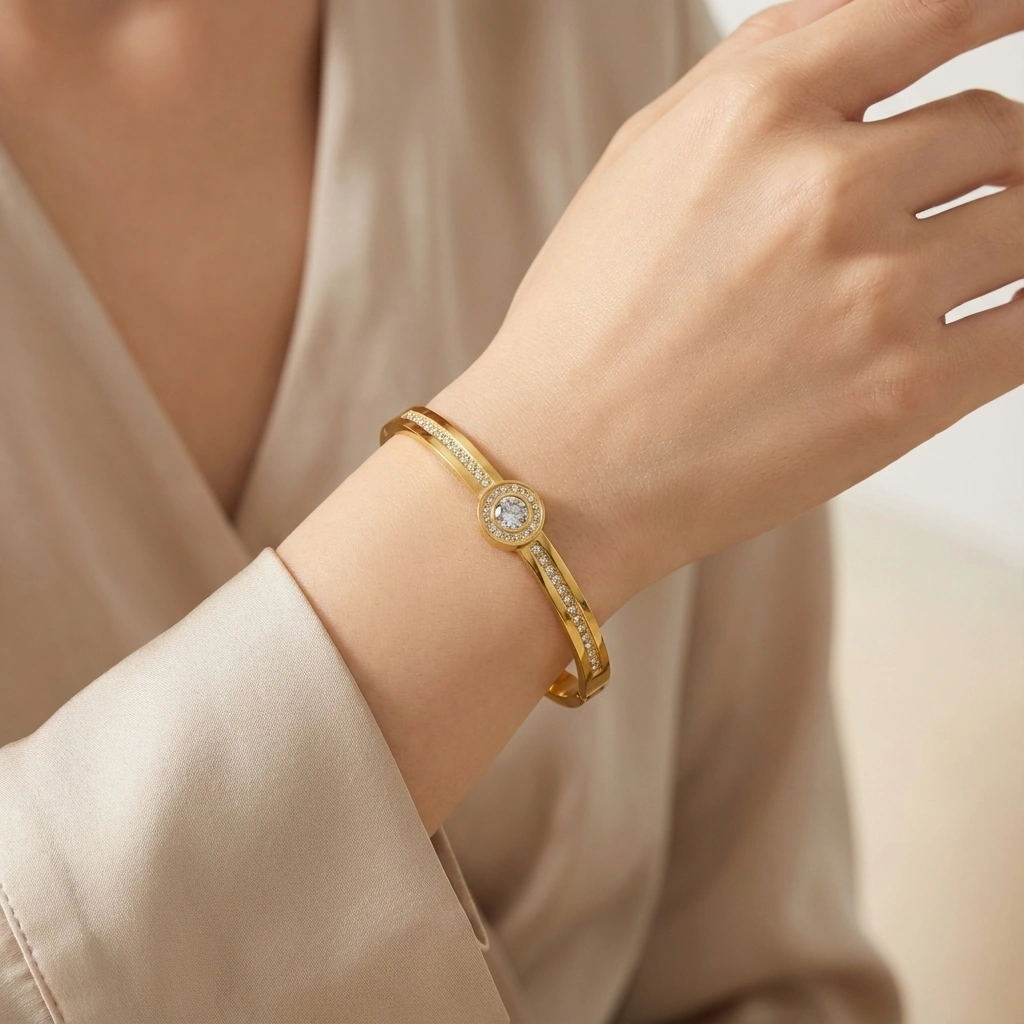 Celestial Halo Zircon Cuff Bangle - Premium Jewelry