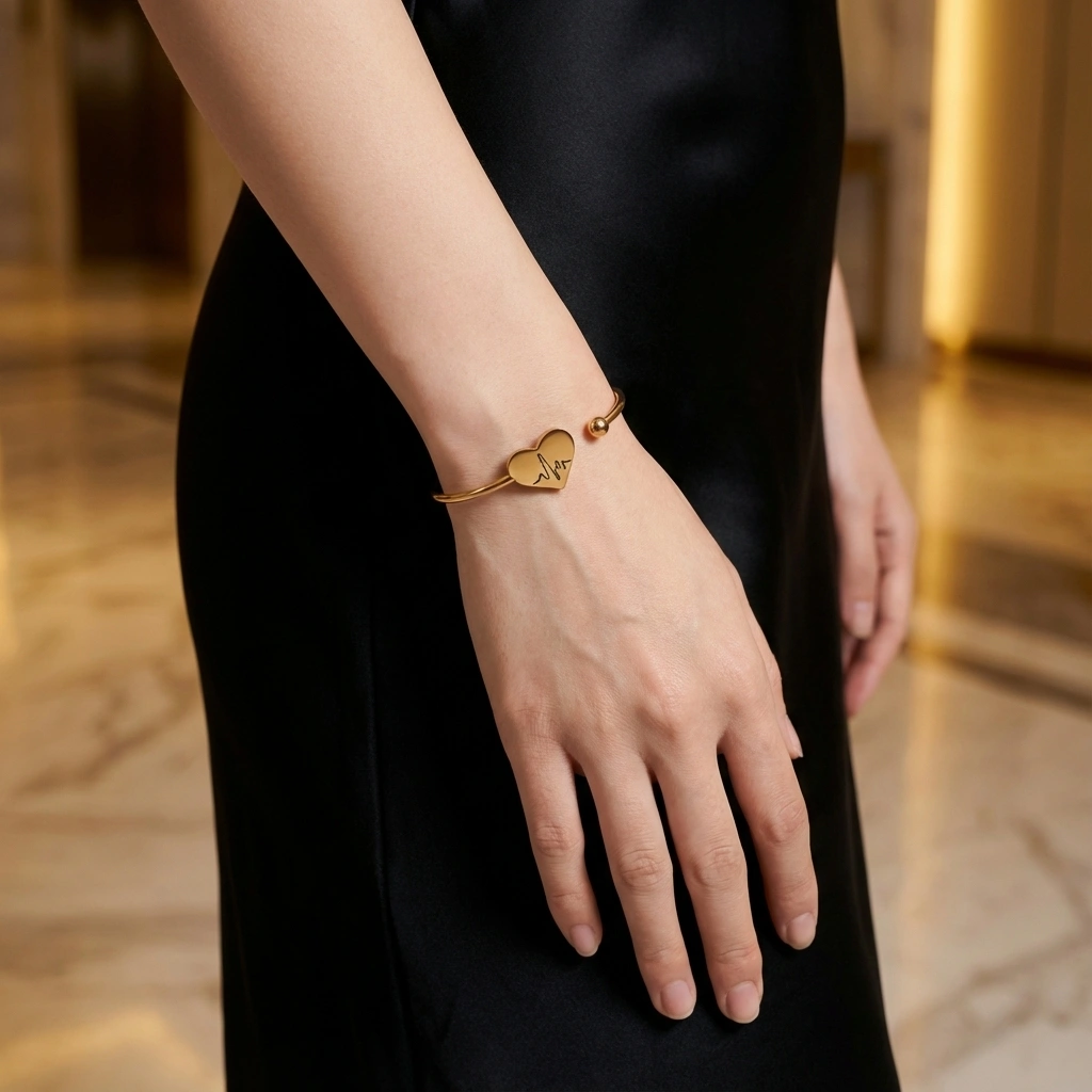 Heart Adjustable Gold Stainless Steel Bangle - Premium Jewelry