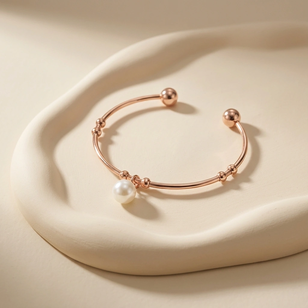 Vintage Pearl Stainless Steel Open Bangle - Premium Jewelry
