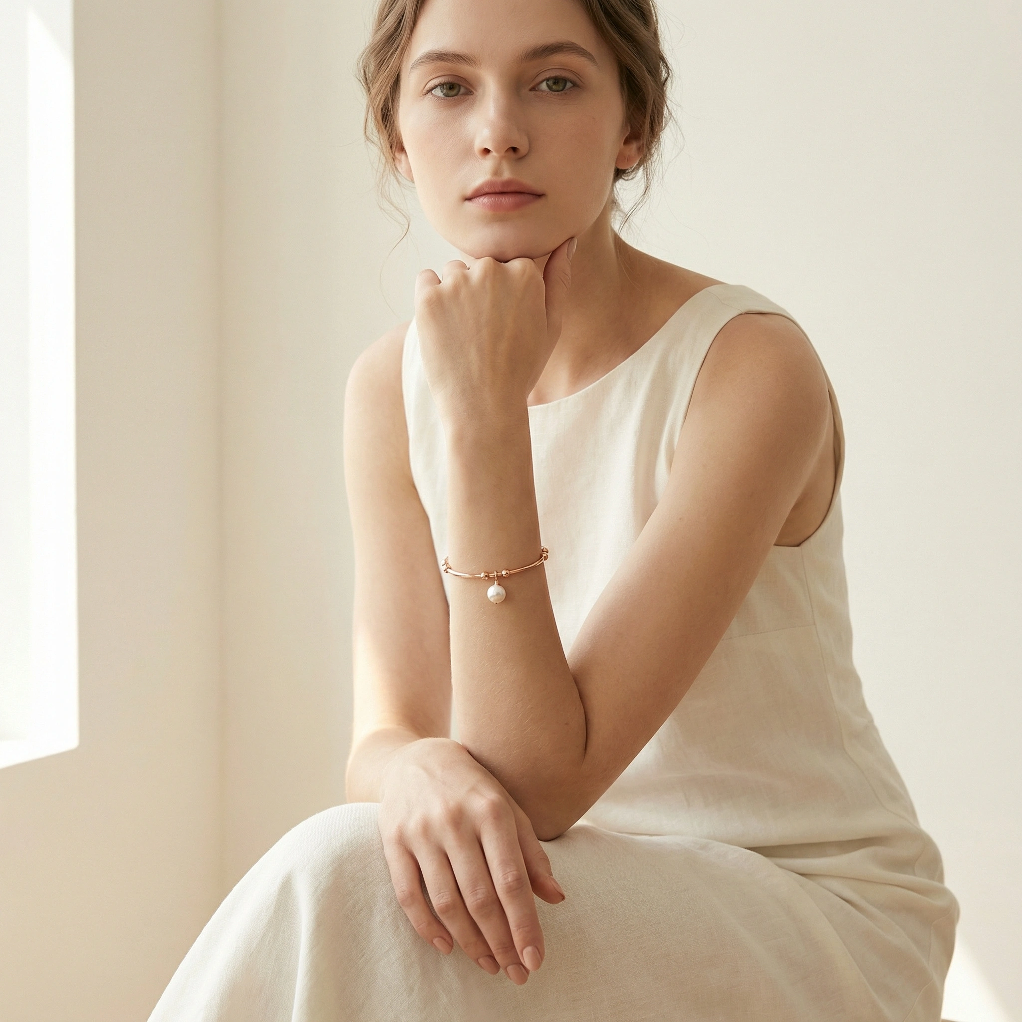 Vintage Pearl Stainless Steel Open Bangle - Premium Jewelry