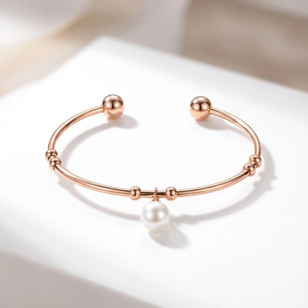 Vintage Pearl Stainless Steel Open Bangle - Premium Jewelry