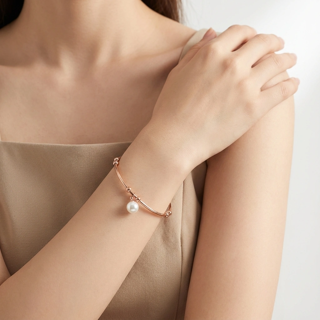 Vintage Pearl Stainless Steel Open Bangle - Premium Jewelry