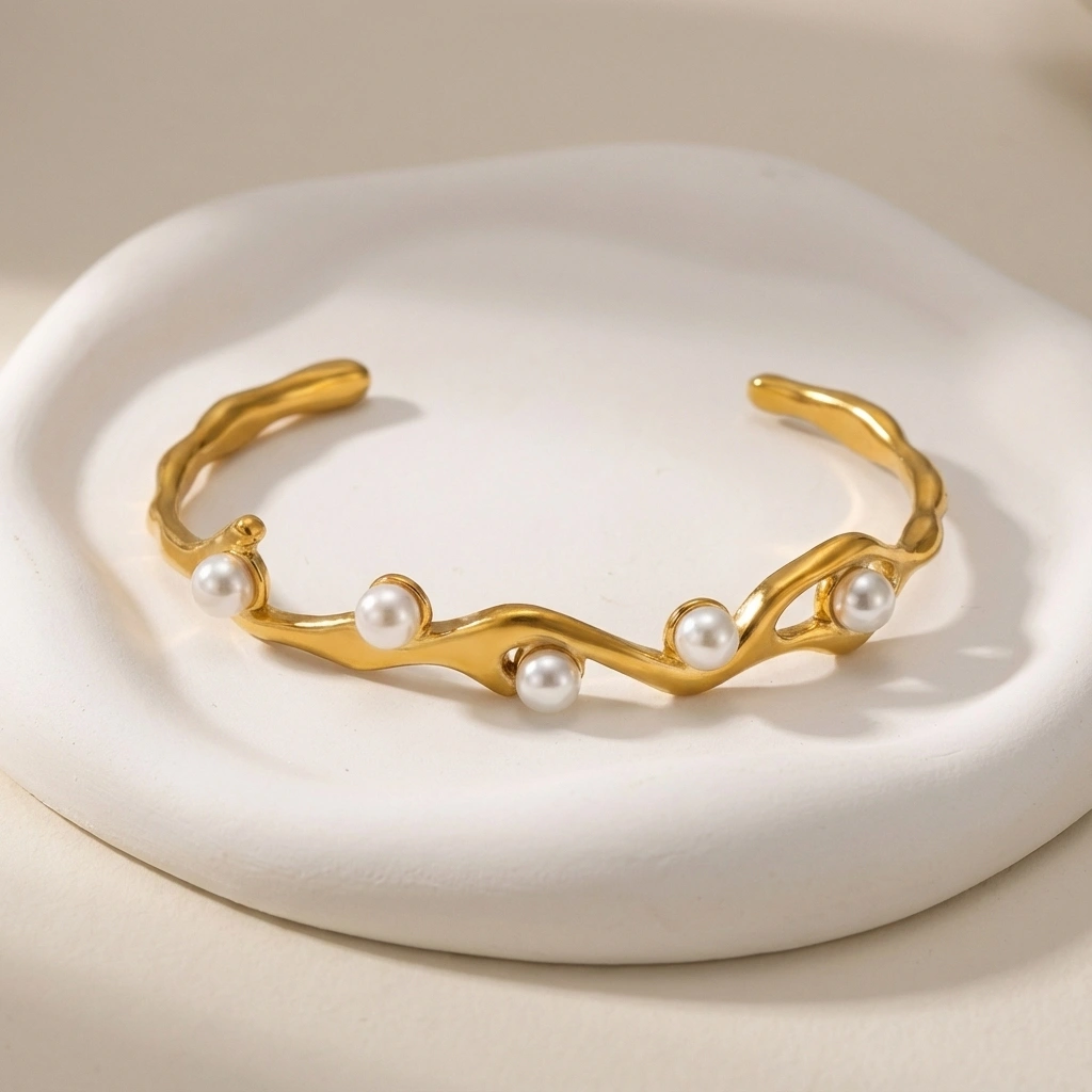 Irregular Pearl Stainless Steel Cuff Bangle - gold Jewelry