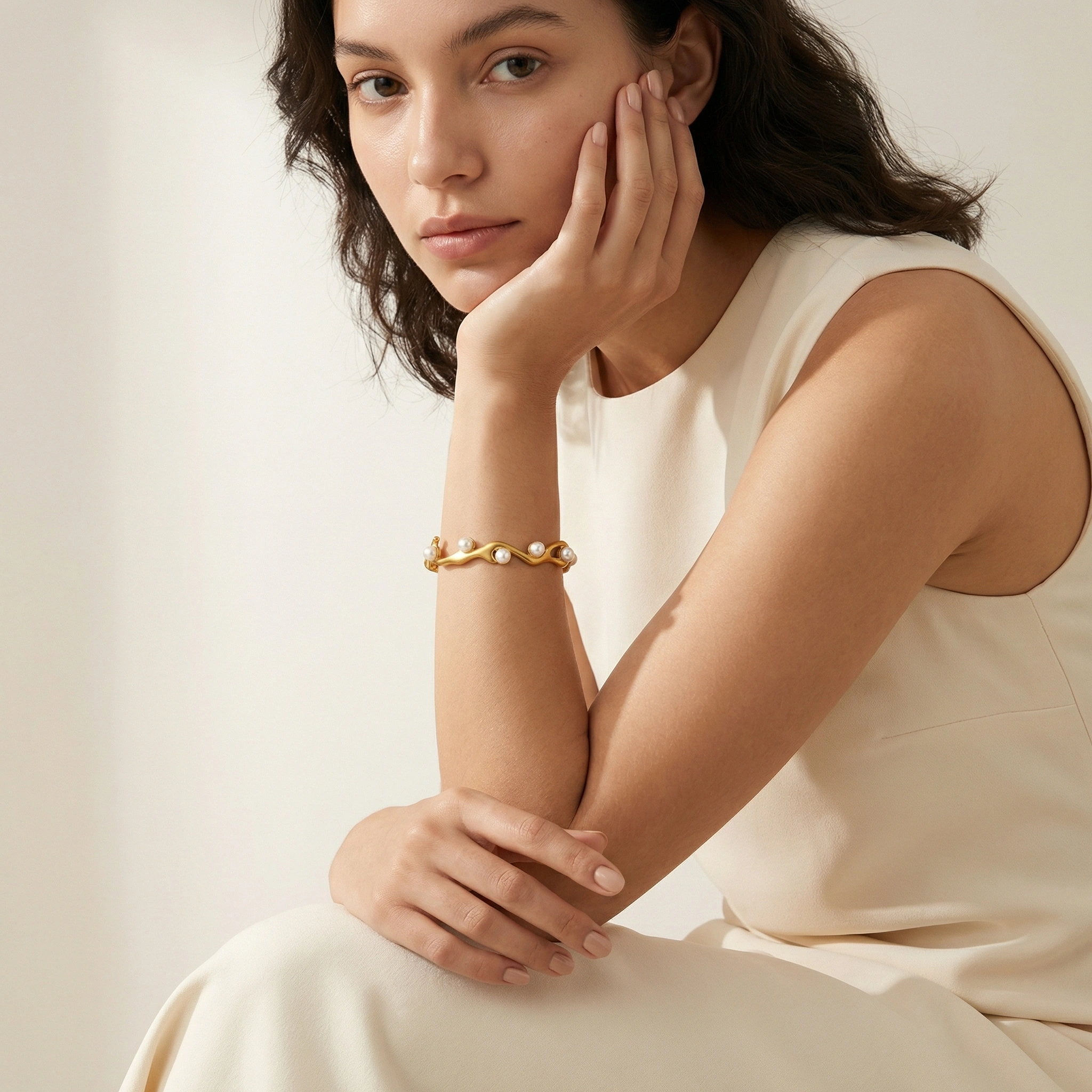 Irregular Pearl Stainless Steel Cuff Bangle - gold Jewelry