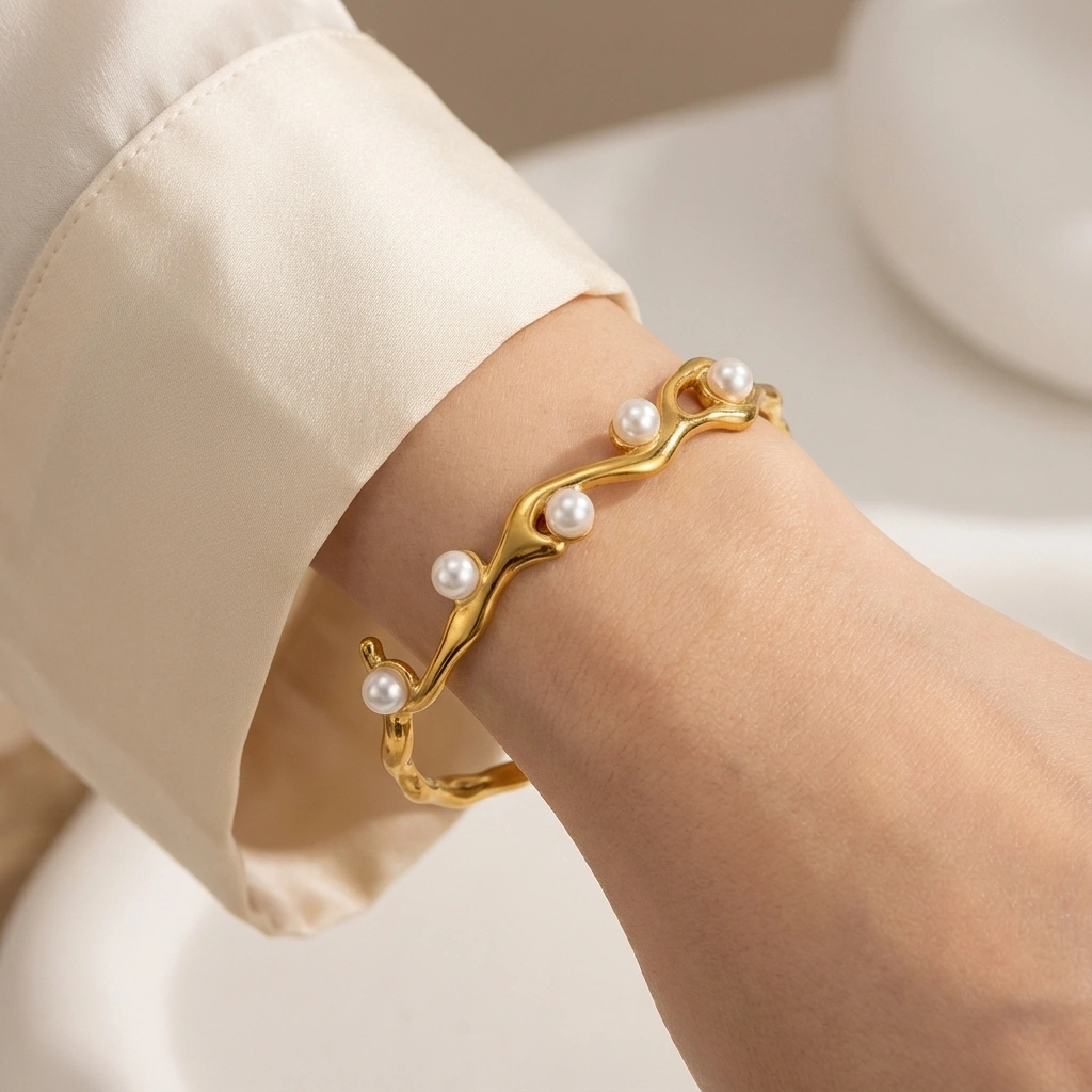 Irregular Pearl Stainless Steel Cuff Bangle - gold Jewelry