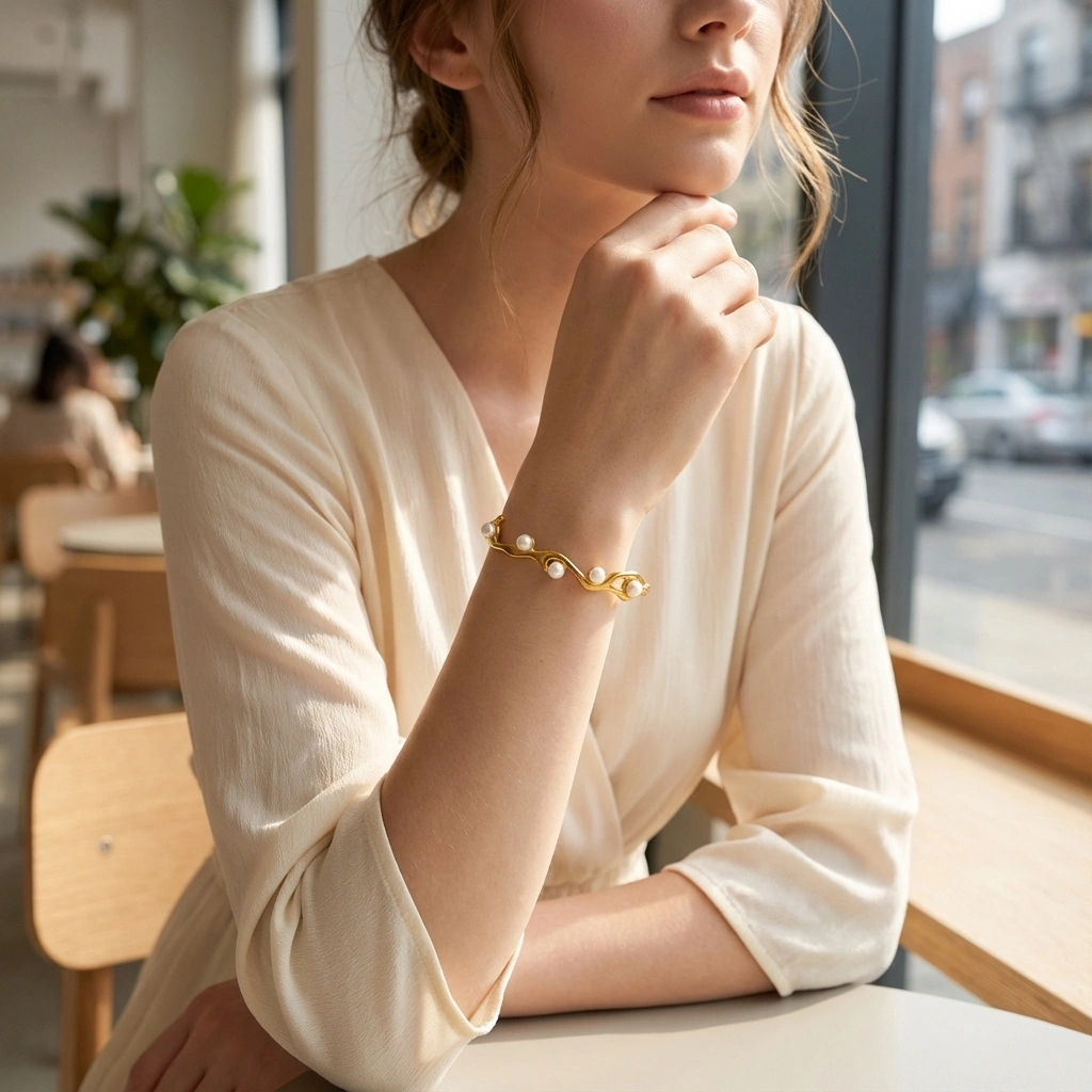 Irregular Pearl Stainless Steel Cuff Bangle - gold Jewelry