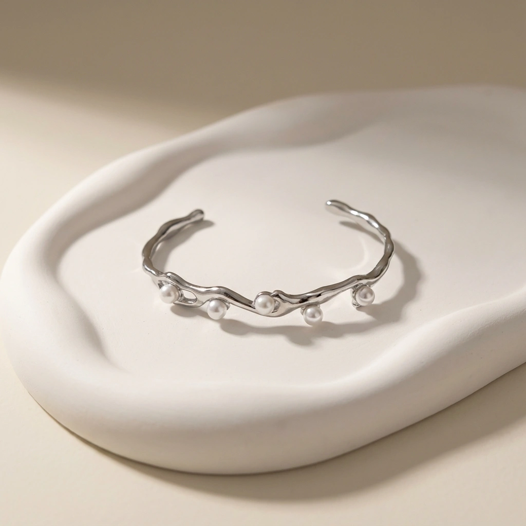 Elegant Artificial Pearls Steel Color Stainless Steel Irregular Shape Cuff Bracelet Bangle - Premium Jewelry