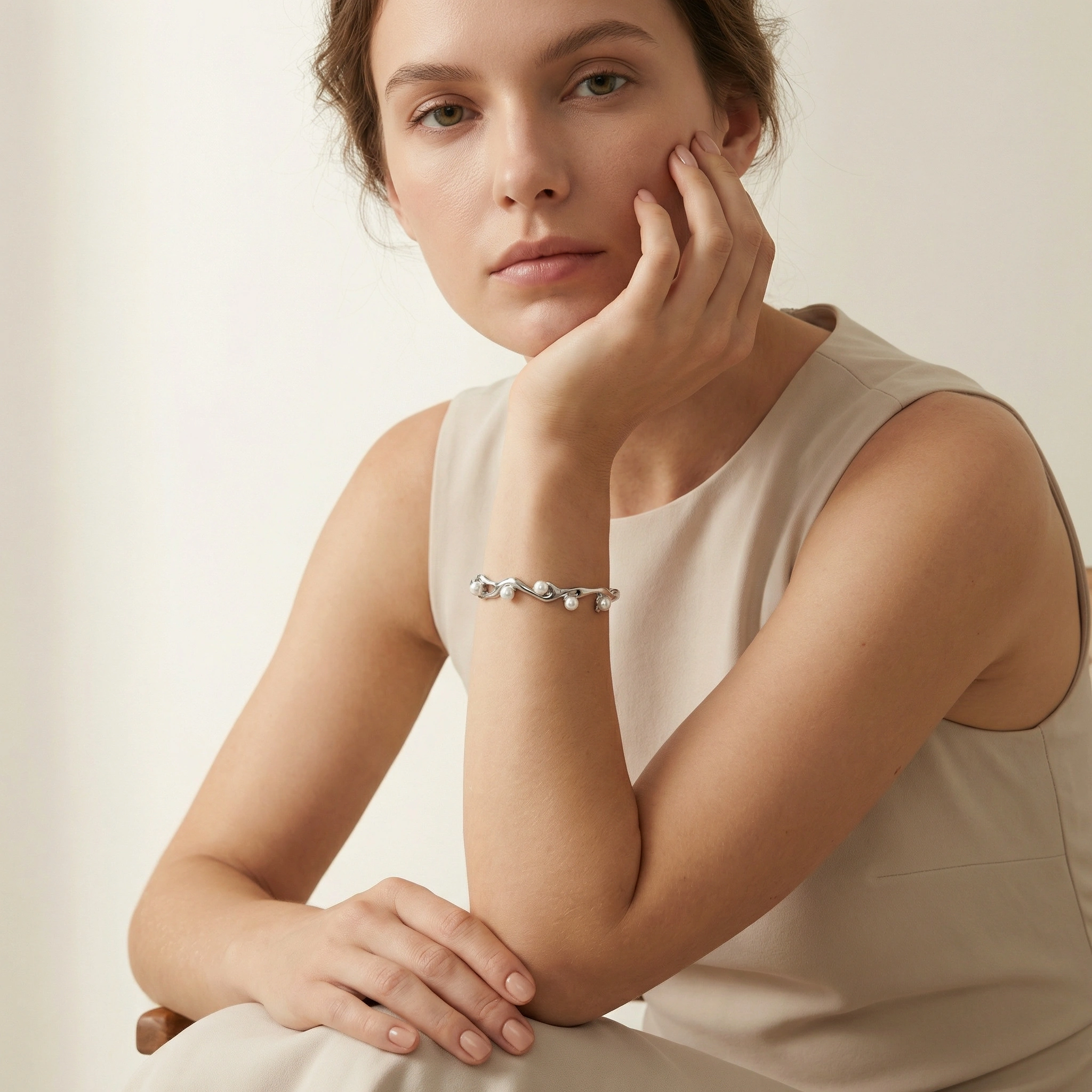 Elegant Artificial Pearls Steel Color Stainless Steel Irregular Shape Cuff Bracelet Bangle - Premium Jewelry