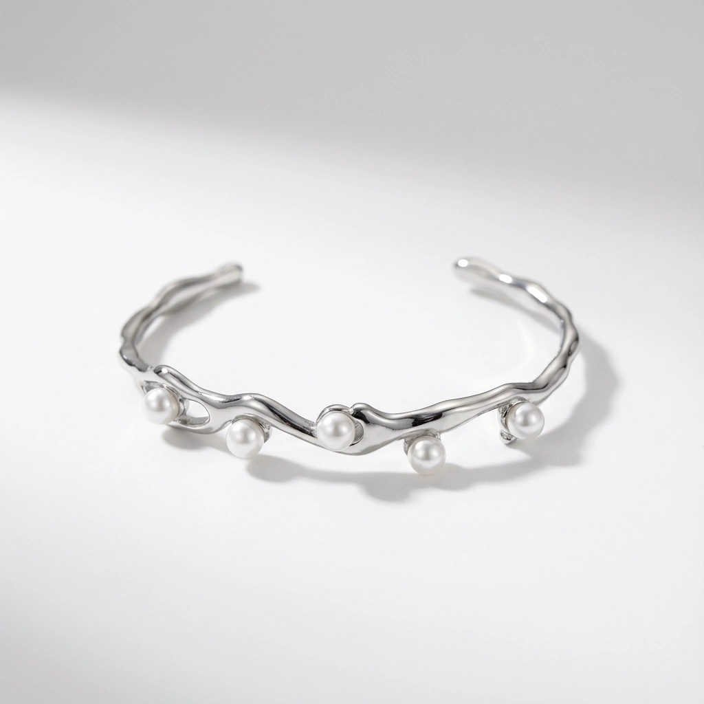 Elegant Artificial Pearls Steel Color Stainless Steel Irregular Shape Cuff Bracelet Bangle - Premium Jewelry