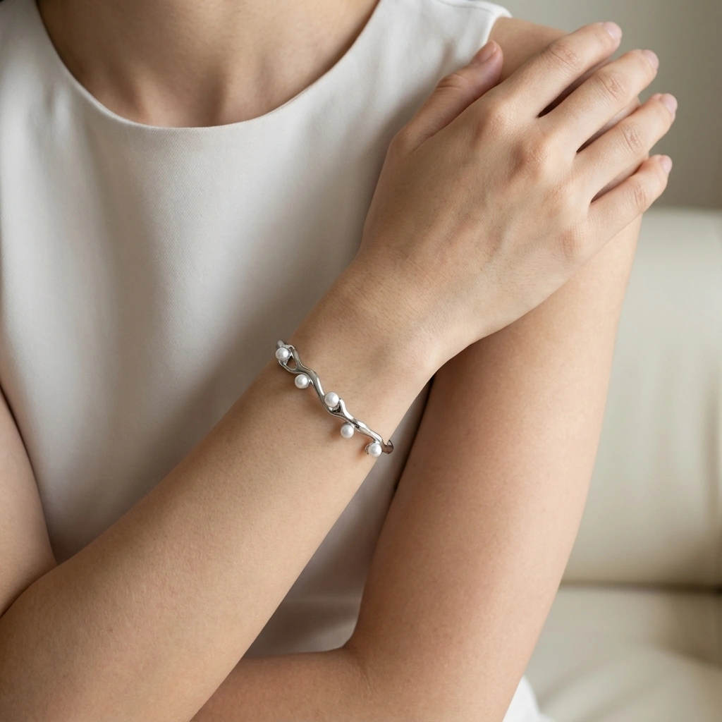 Elegant Artificial Pearls Steel Color Stainless Steel Irregular Shape Cuff Bracelet Bangle - Premium Jewelry