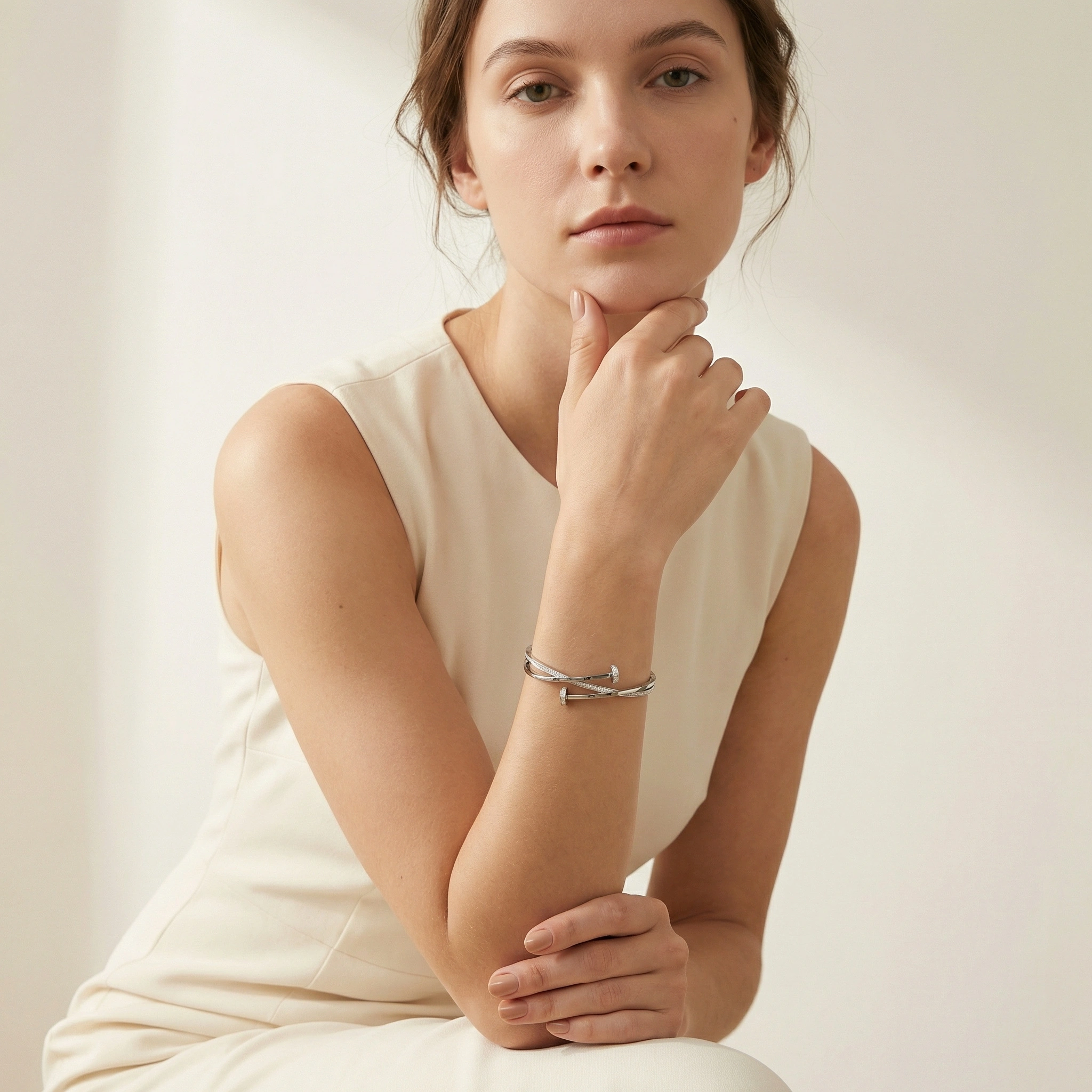 Zircon Nail Design Stainless Steel Bangle - Premium Jewelry