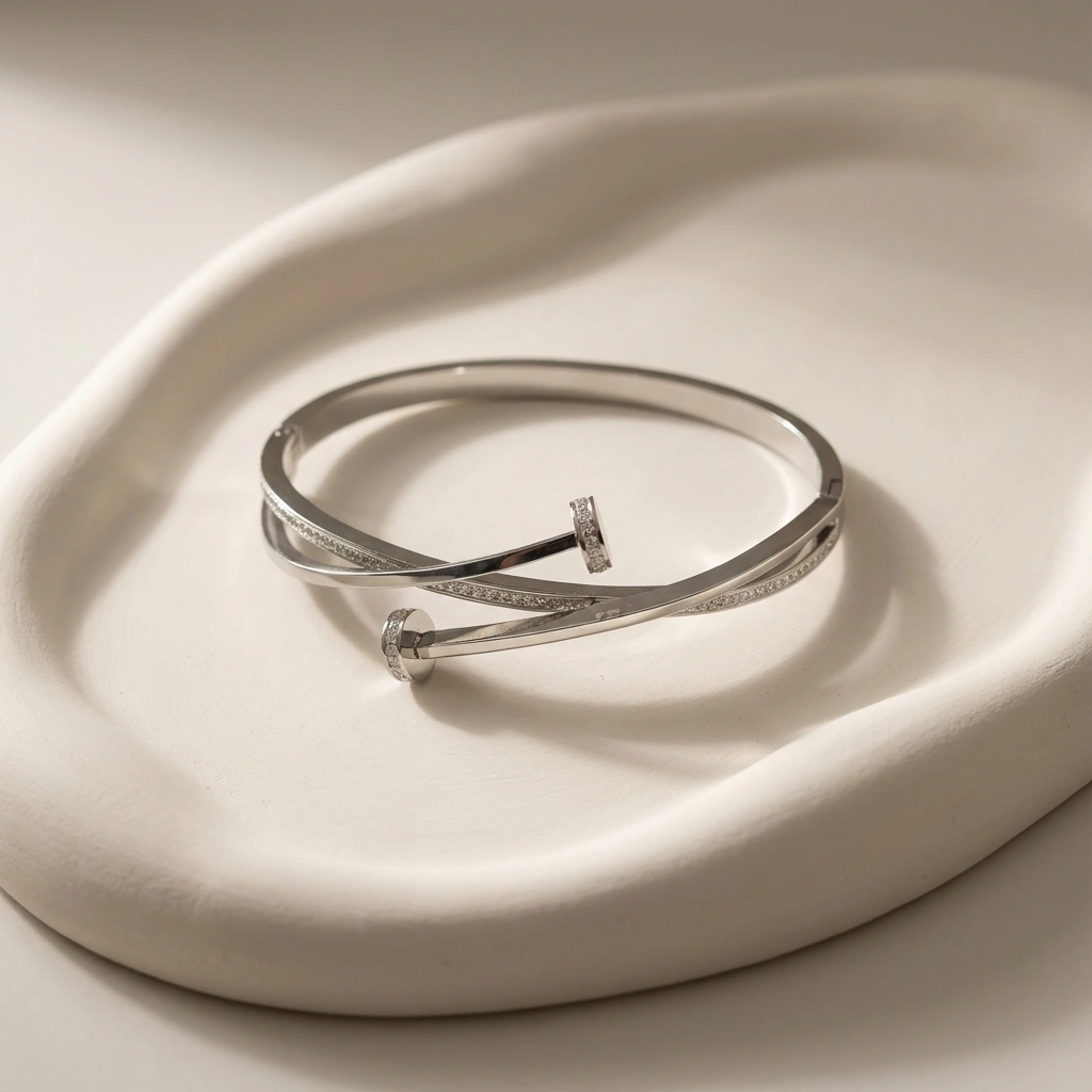 Zircon Nail Design Stainless Steel Bangle - Premium Jewelry