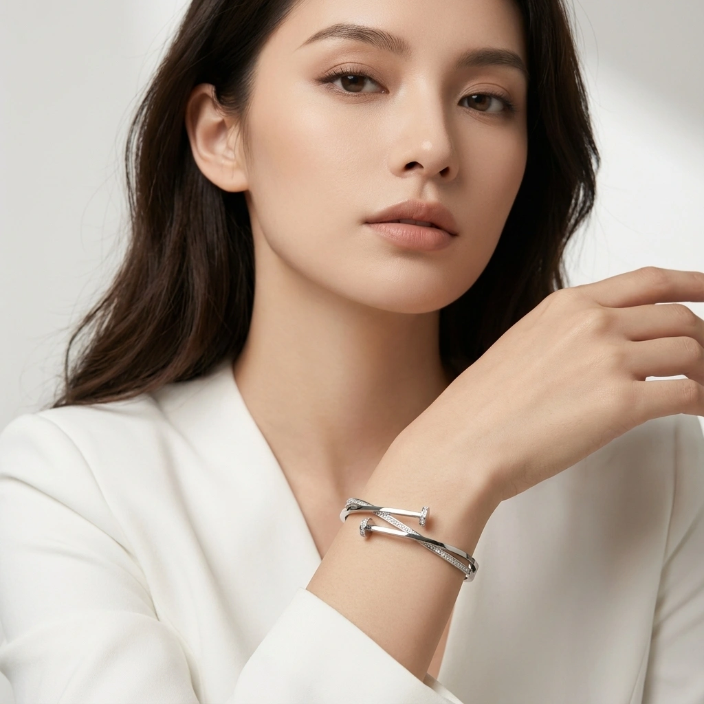 Zircon Nail Design Stainless Steel Bangle - Premium Jewelry