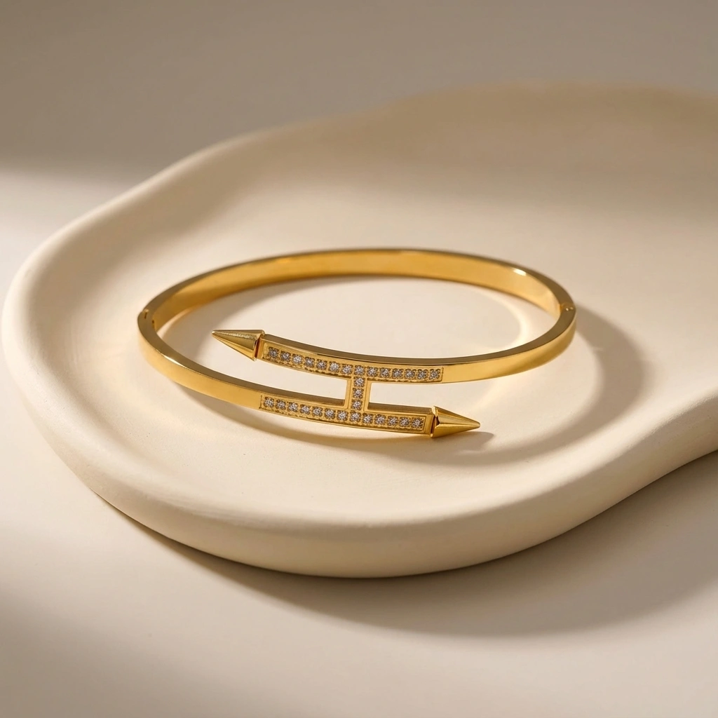 H Shape Zircon Double Pointed Cone Bangle - Premium Jewelry