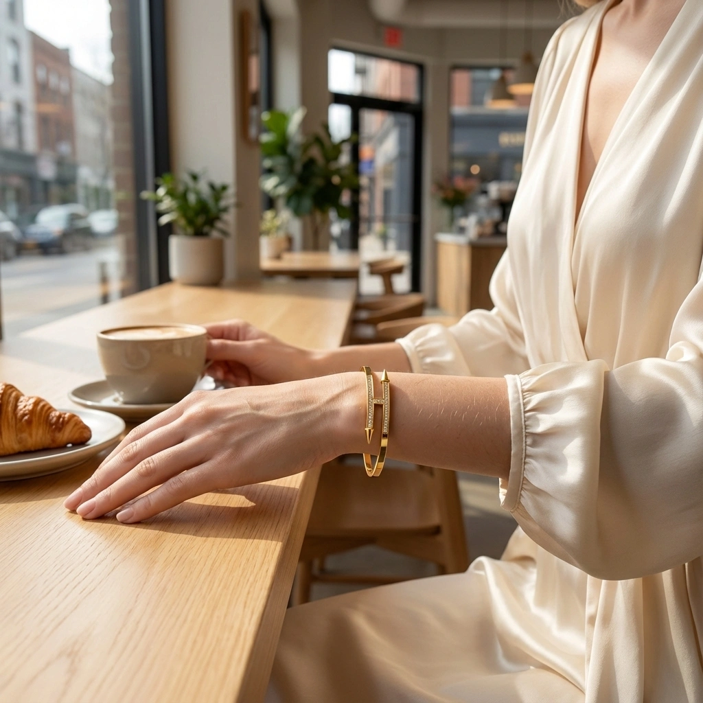 H Shape Zircon Double Pointed Cone Bangle - Premium Jewelry