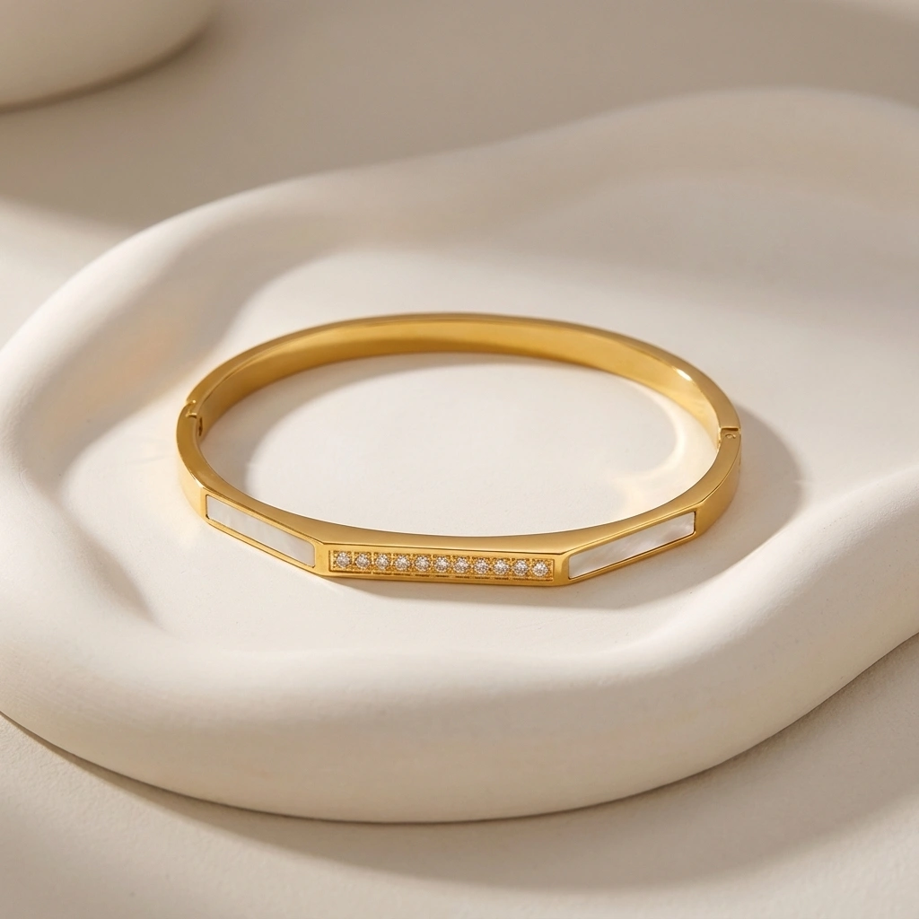 Zircon Mother Of Pearl Stainless Steel Bangle - Premium Jewelry