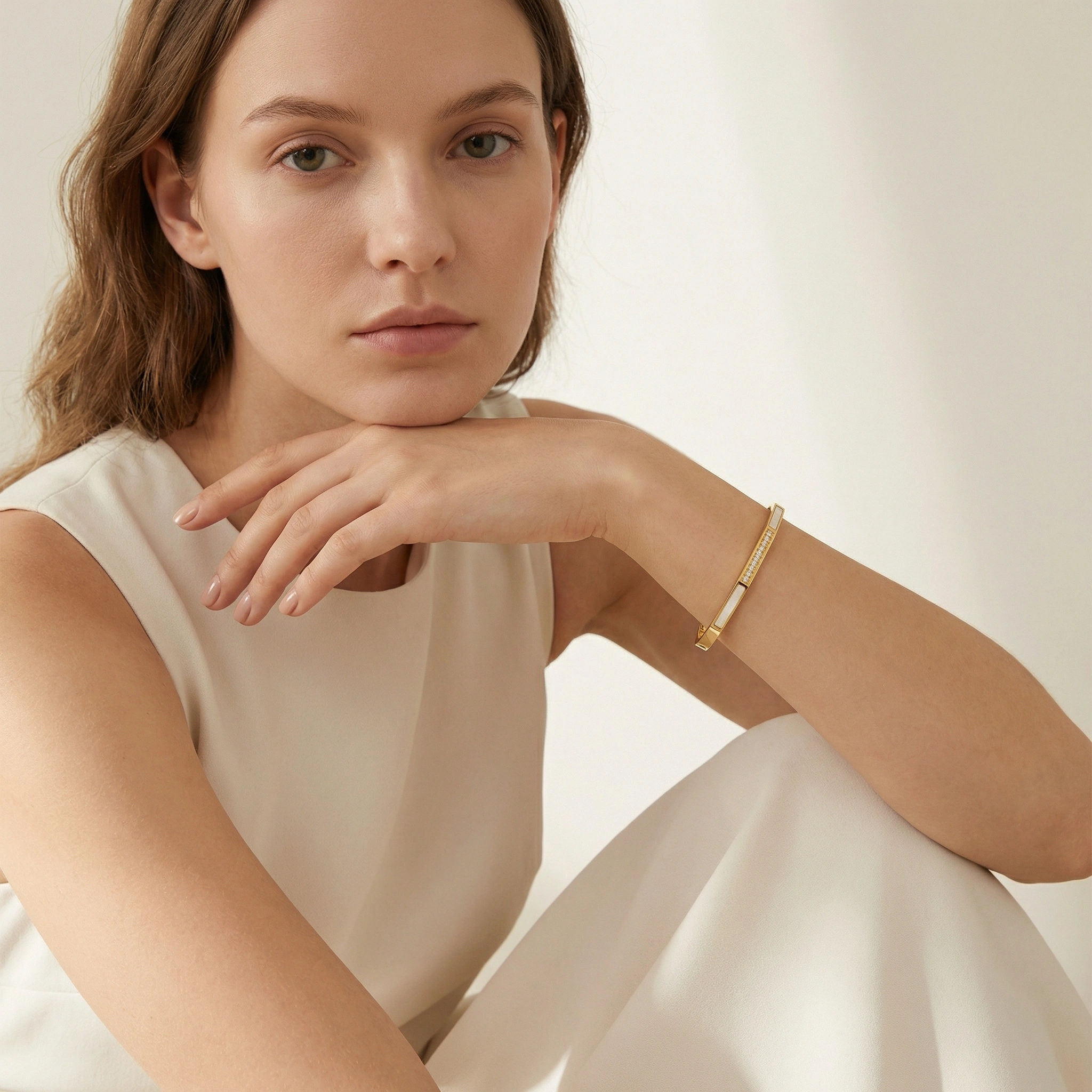 Zircon Mother Of Pearl Stainless Steel Bangle - Premium Jewelry