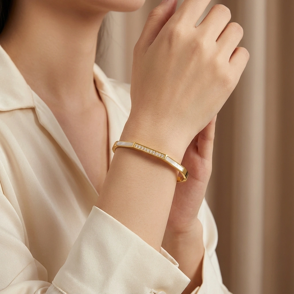 Zircon Mother Of Pearl Stainless Steel Bangle - Premium Jewelry