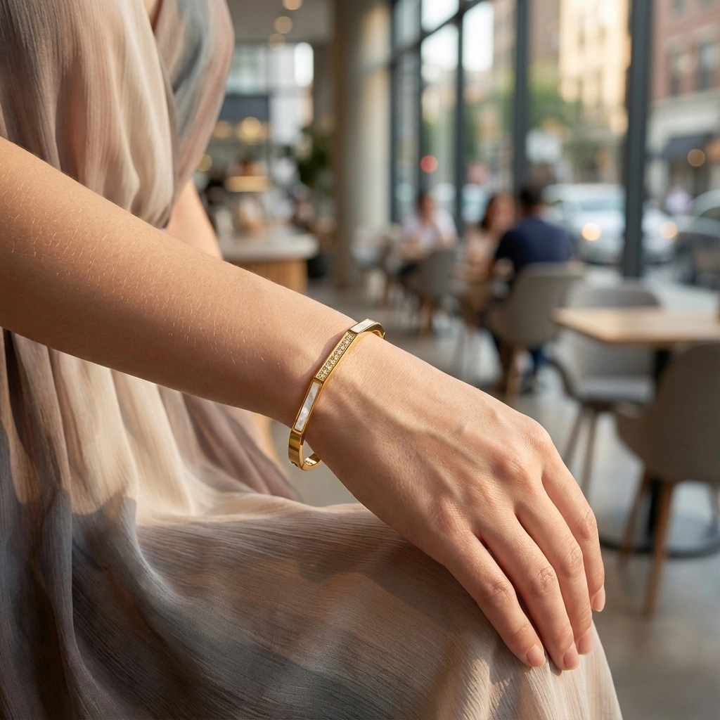 Zircon Mother Of Pearl Stainless Steel Bangle - Premium Jewelry