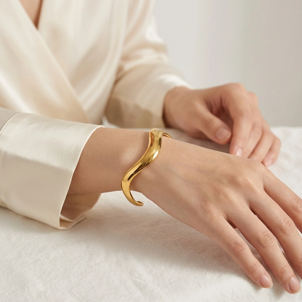 Wave Open Stainless Steel Cuff Bangle - Premium Jewelry