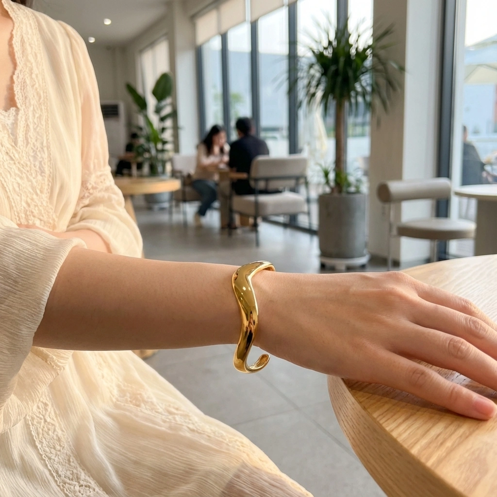 Wave Open Stainless Steel Cuff Bangle - Premium Jewelry