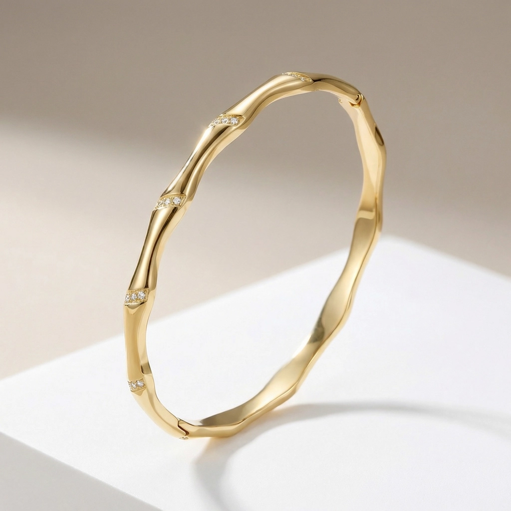 18K Gold Plated Bamboo Bangle - Diamond Accents - Premium Jewelry