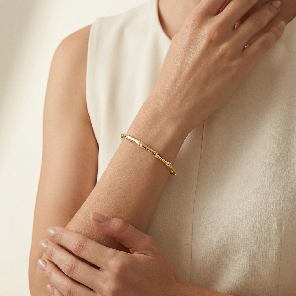 18K Gold Plated Bamboo Bangle - Diamond Accents - Premium Jewelry