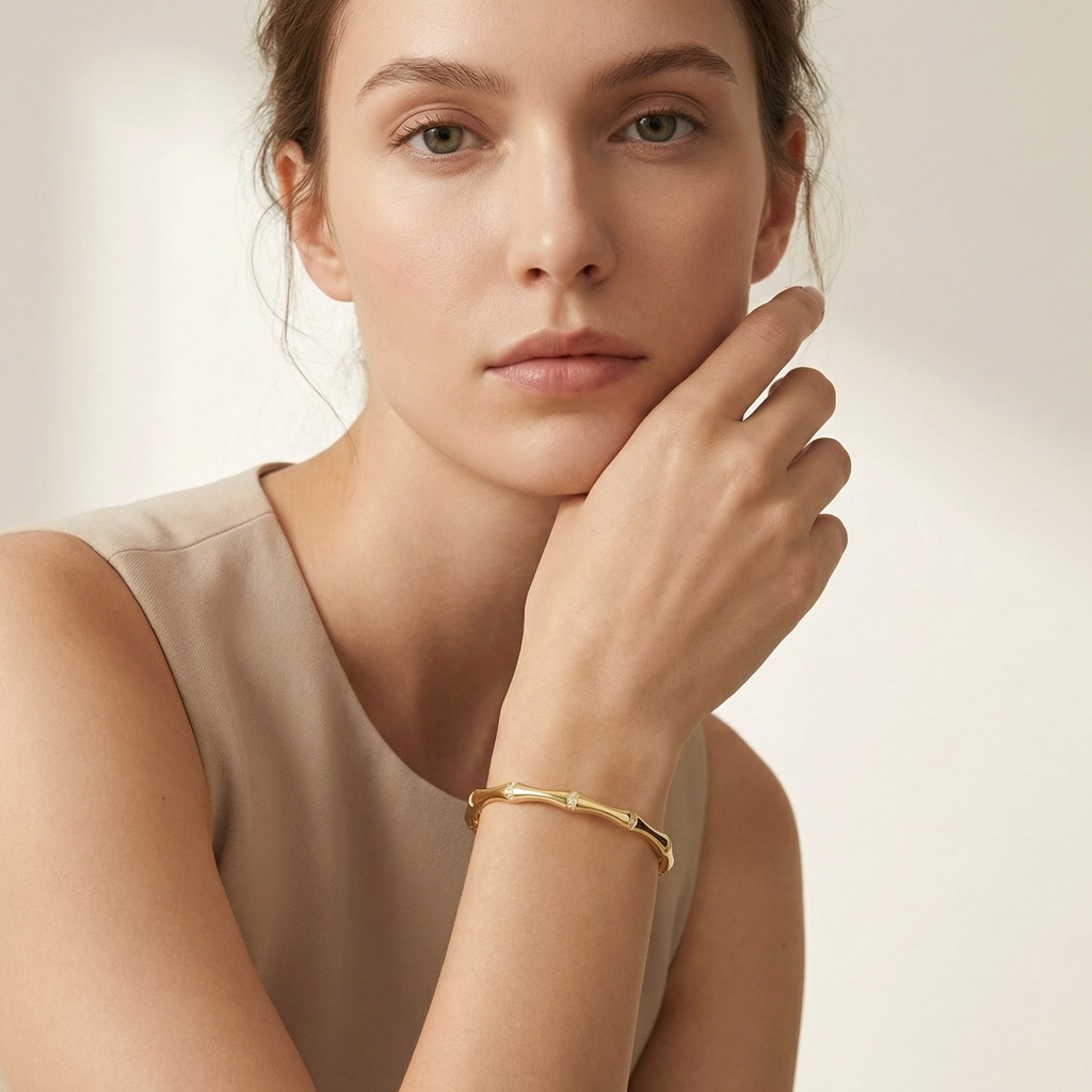 18K Gold Plated Bamboo Bangle - Diamond Accents - Premium Jewelry