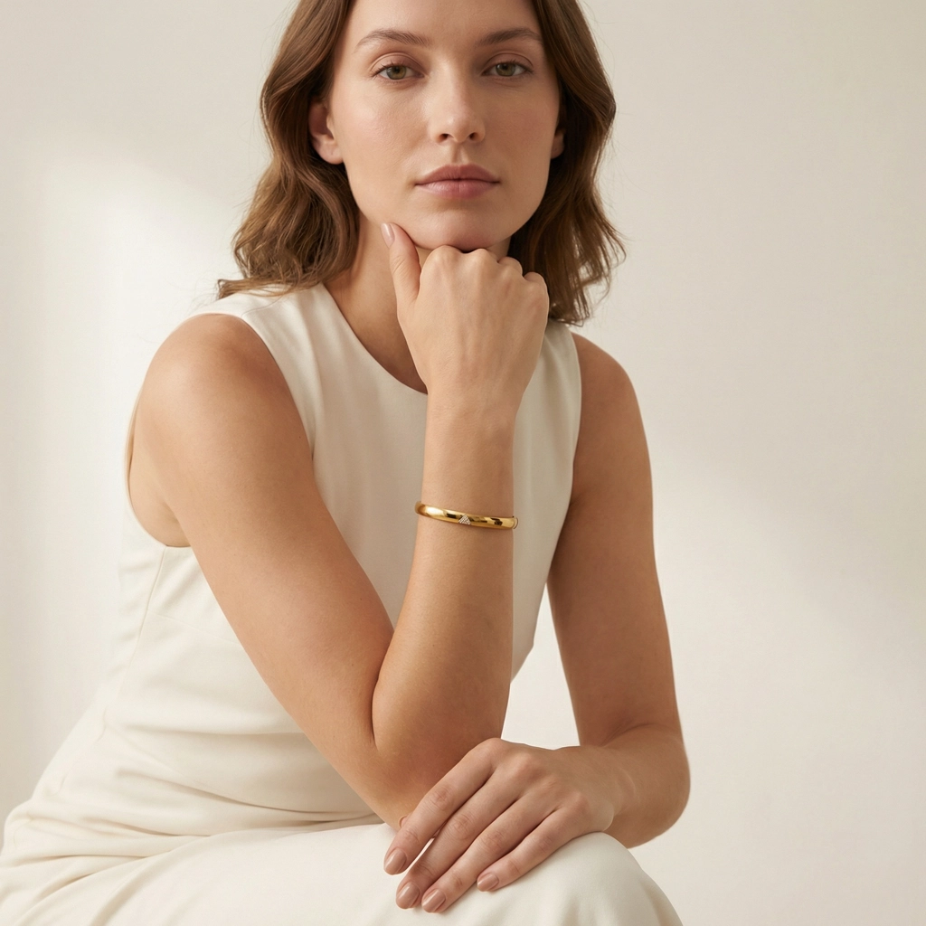 18K Gold Plated Bangle - Pave Triangle Accent - Premium Jewelry