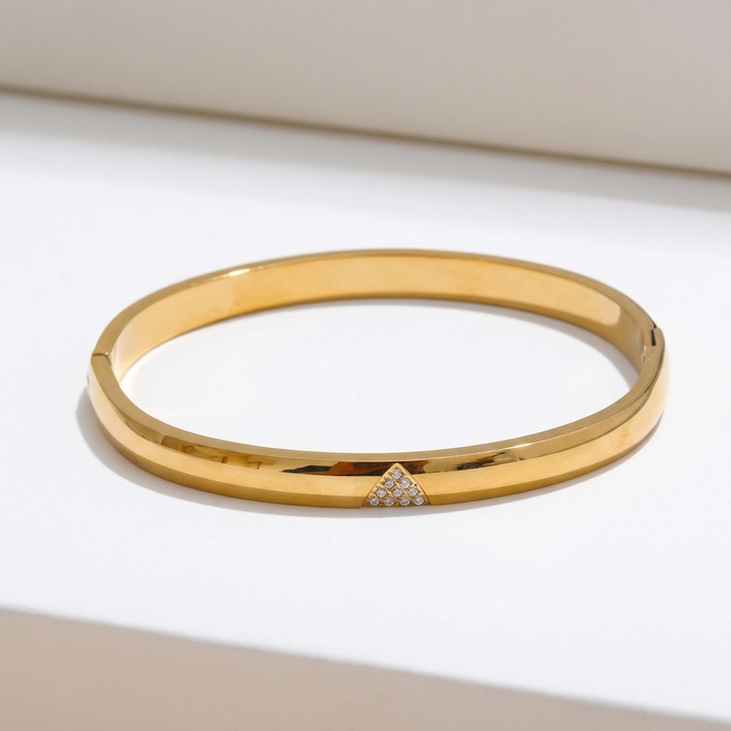 18K Gold Plated Bangle - Pave Triangle Accent - Premium Jewelry