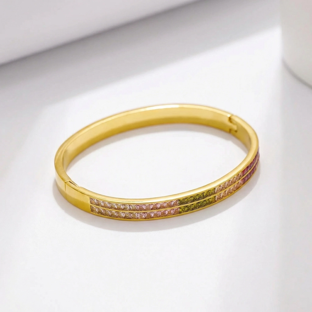 Double-row Pave Multi Color Zircon Stone Bangle - Premium Jewelry