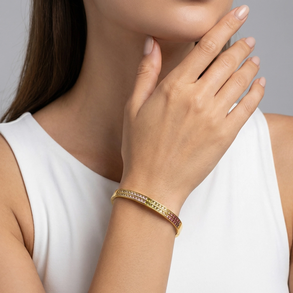 Double-row Pave Multi Color Zircon Stone Bangle - Premium Jewelry