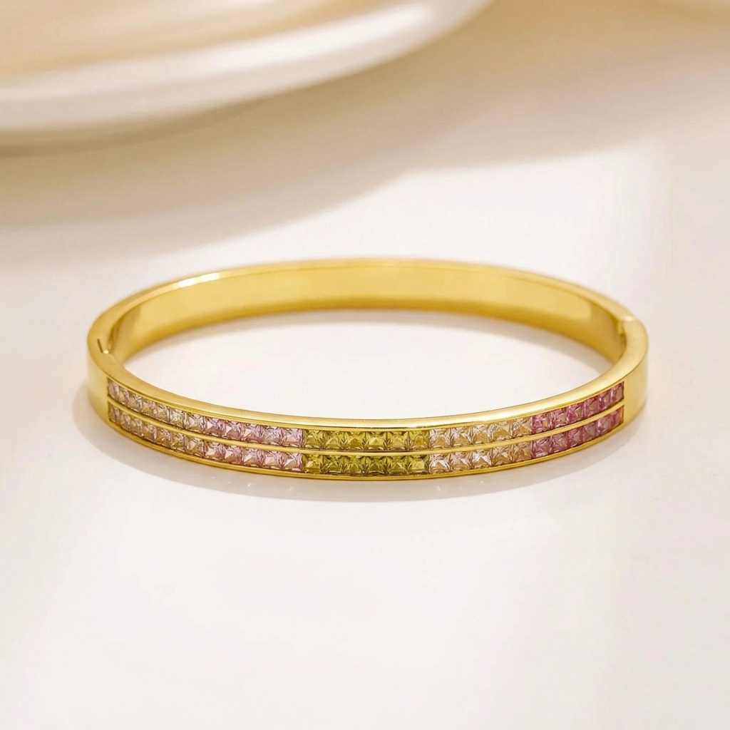 Double-row Pave Multi Color Zircon Stone Bangle - Premium Jewelry