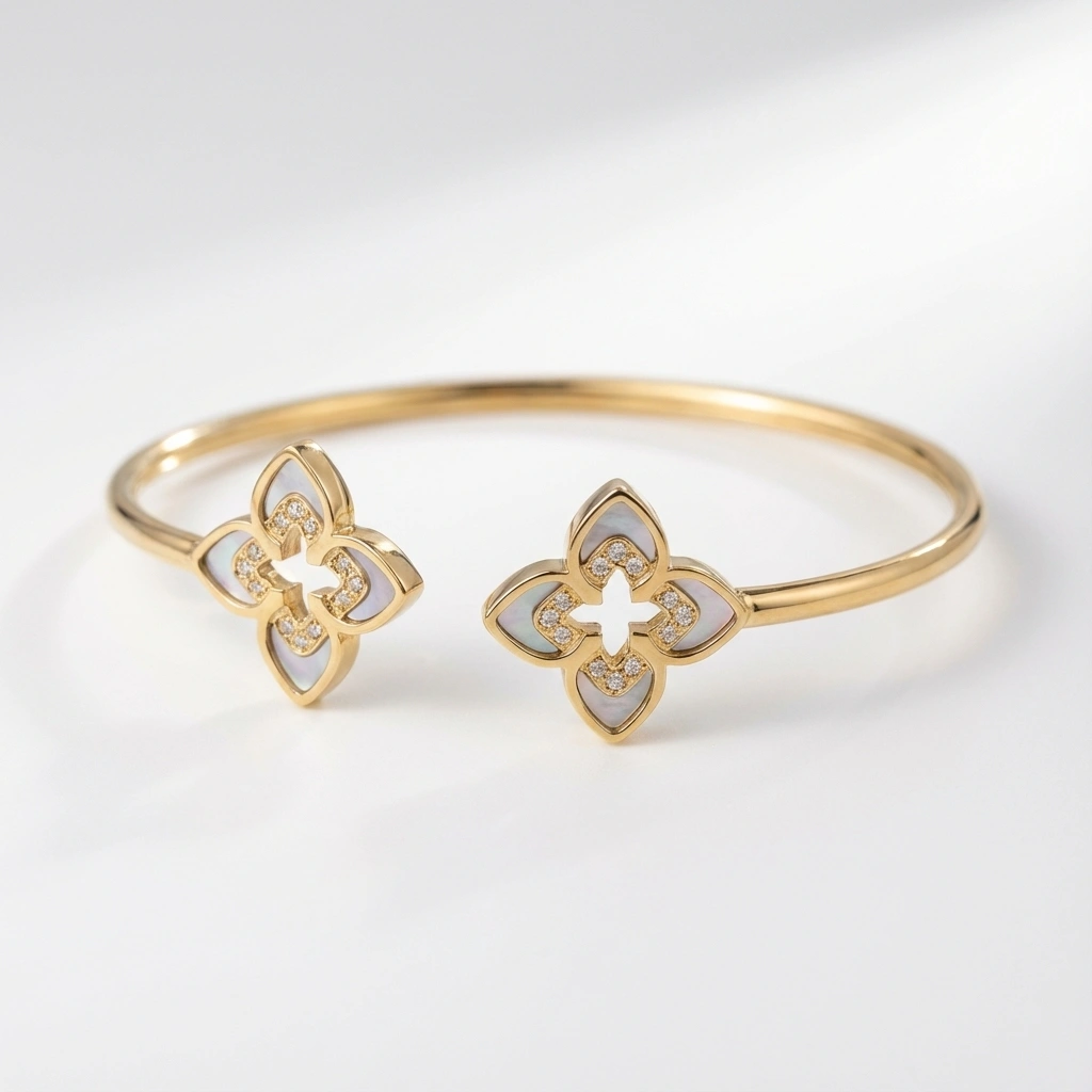 Four Leaf Shell Zircon Elastic Bangle - Premium Jewelry