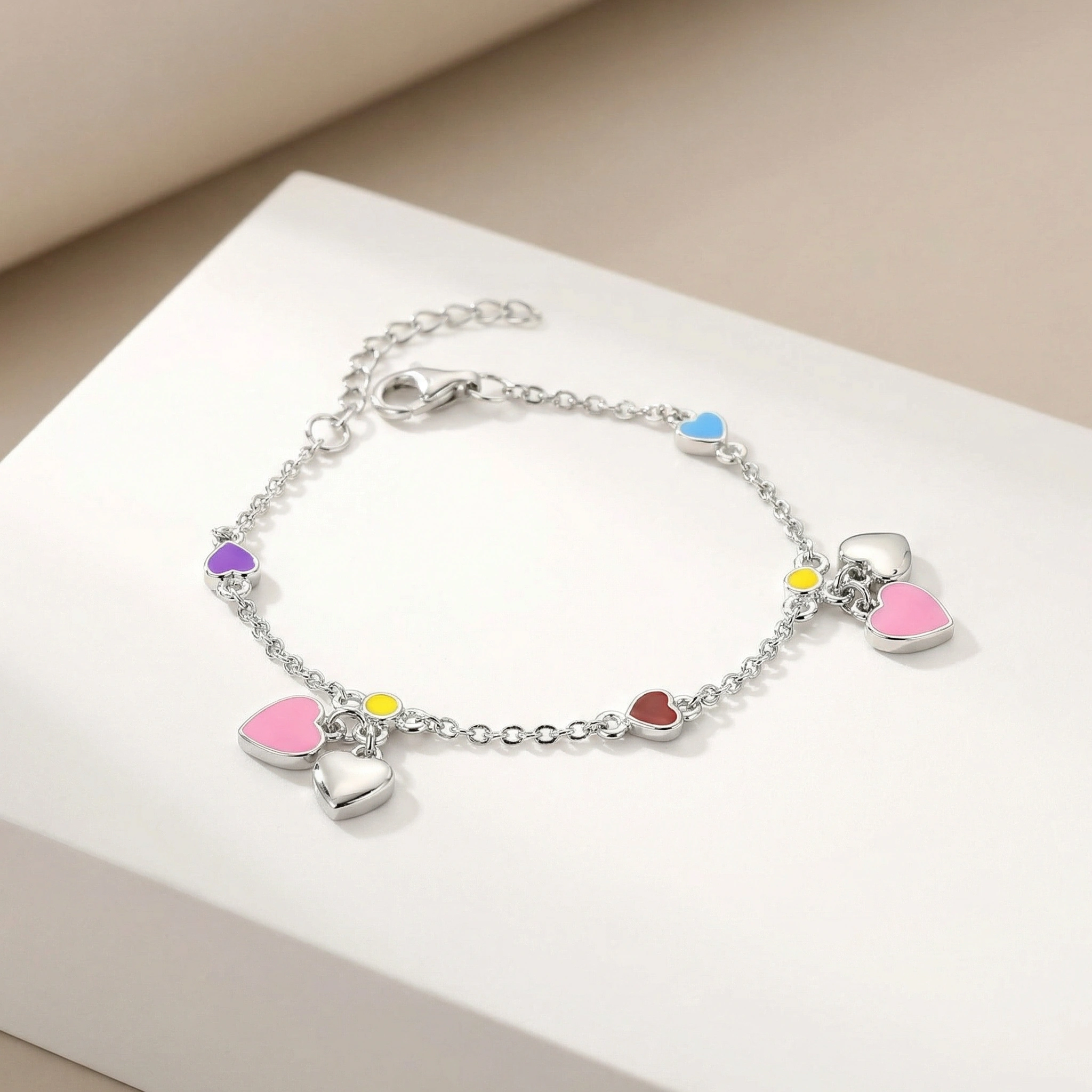 Sterling Silver Multi Color Heart Charm Bracelet - Premium Jewelry