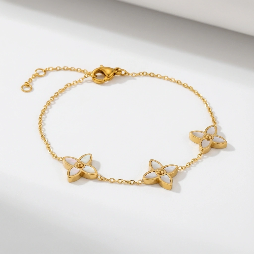 Gold Mother Of Pearl Flower Charm Bracelet - Premium Jewelry