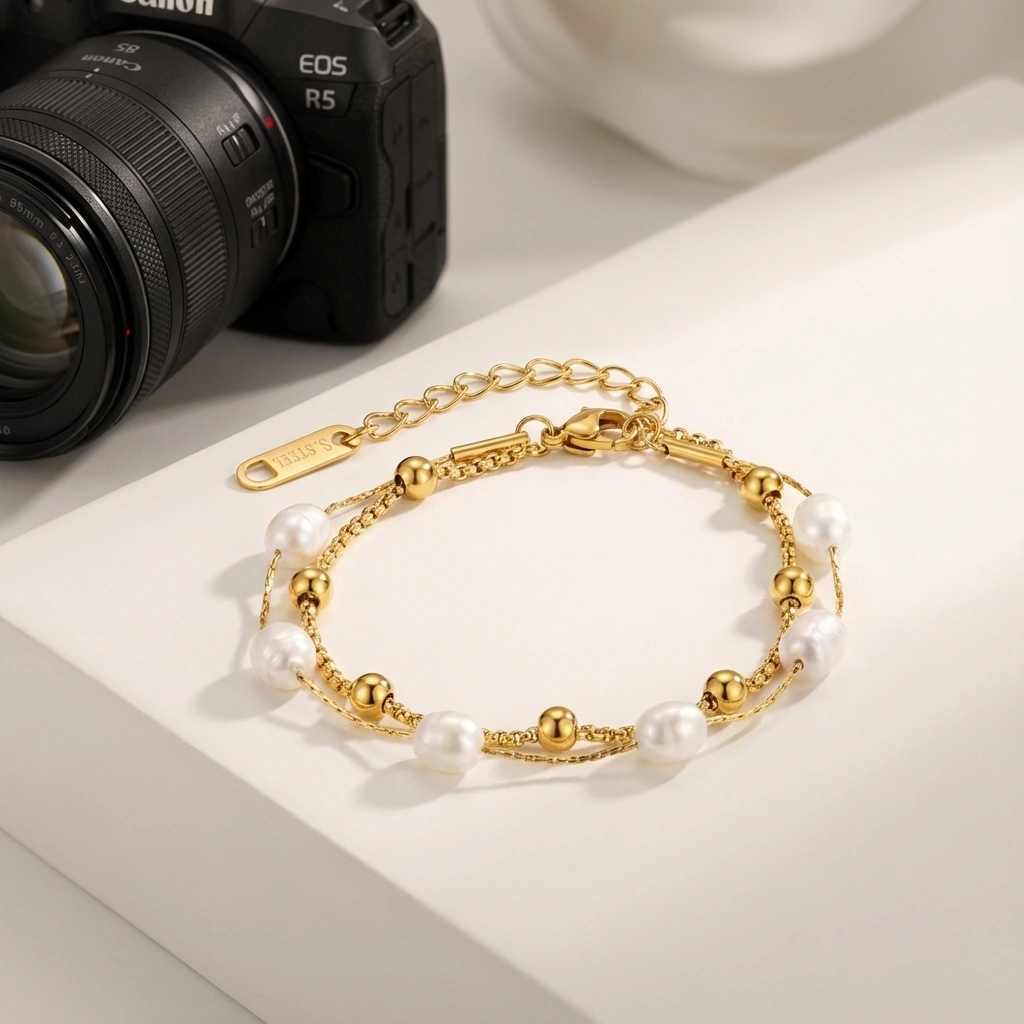 18K Gold Plated Stainless Steel Double Layered Pearl Bracelet - Premium Jewelry