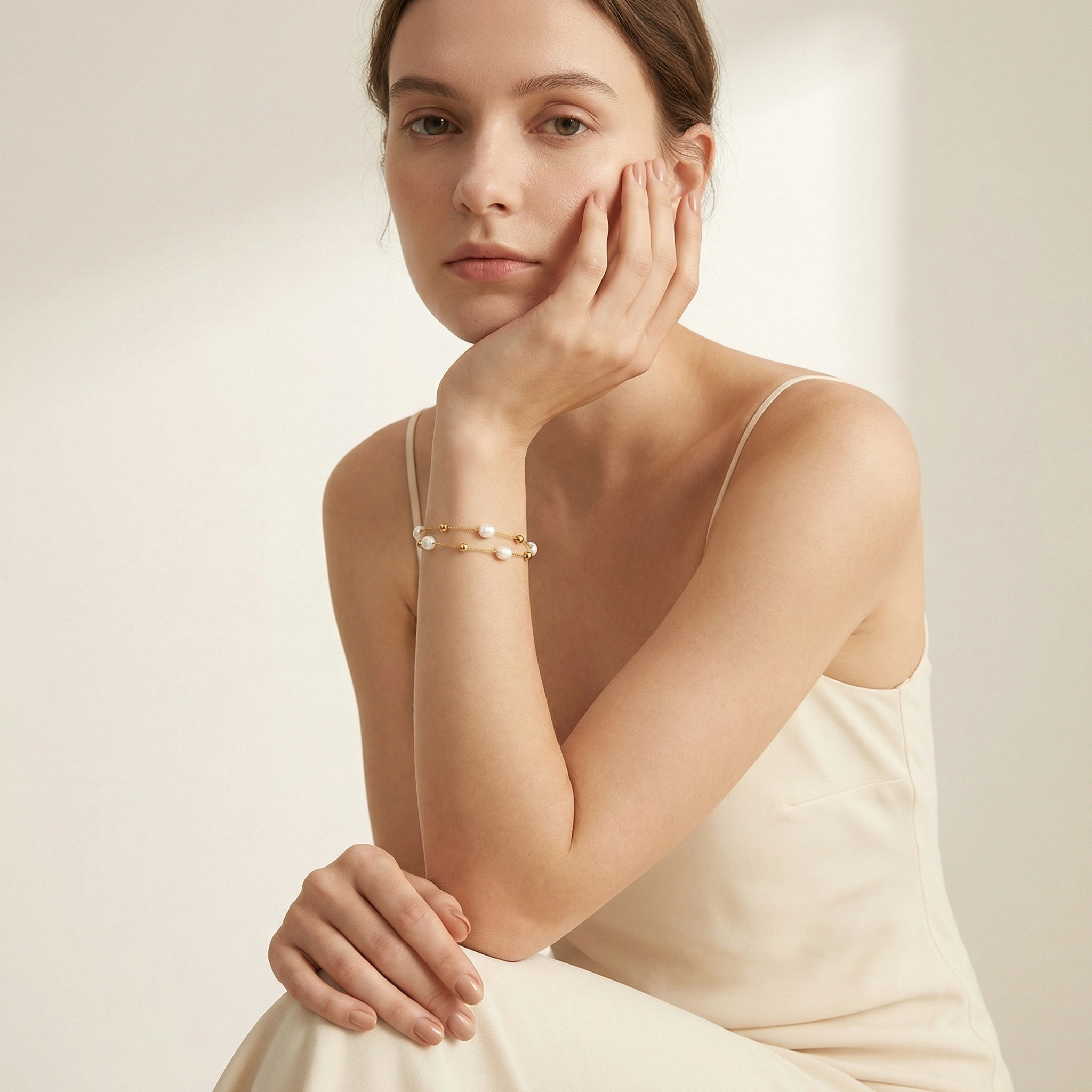 18K Gold Plated Stainless Steel Double Layered Pearl Bracelet - Premium Jewelry