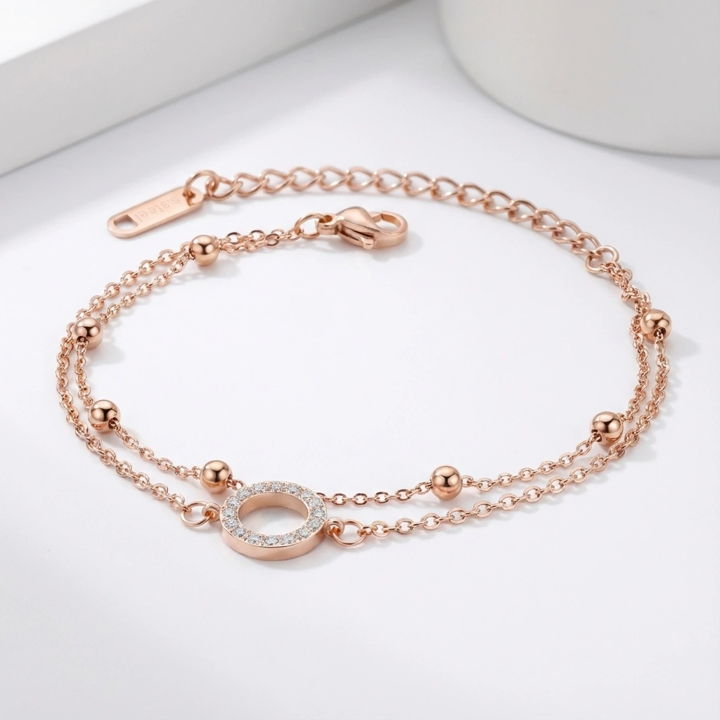 Rose Gold Double Layer Zircon Circle Bracelet - Premium Jewelry