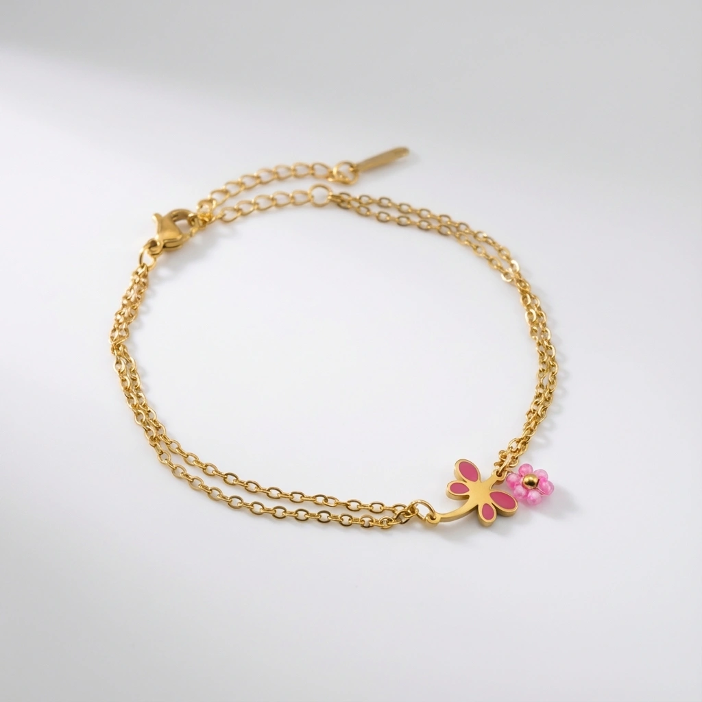 Handmade Pink Flower Stainless Steel Bracelet - Premium Jewelry