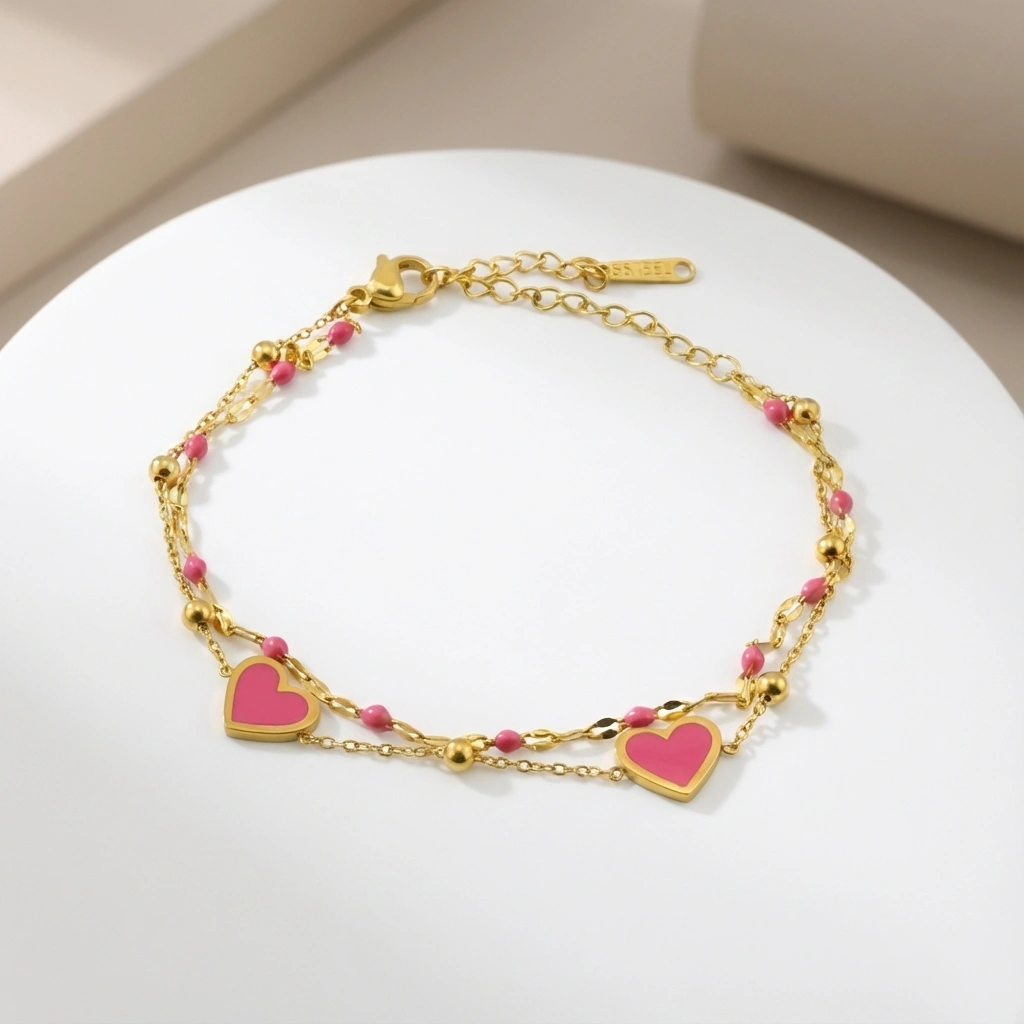 Handmade Pink Double Heart Bracelet - Premium Jewelry