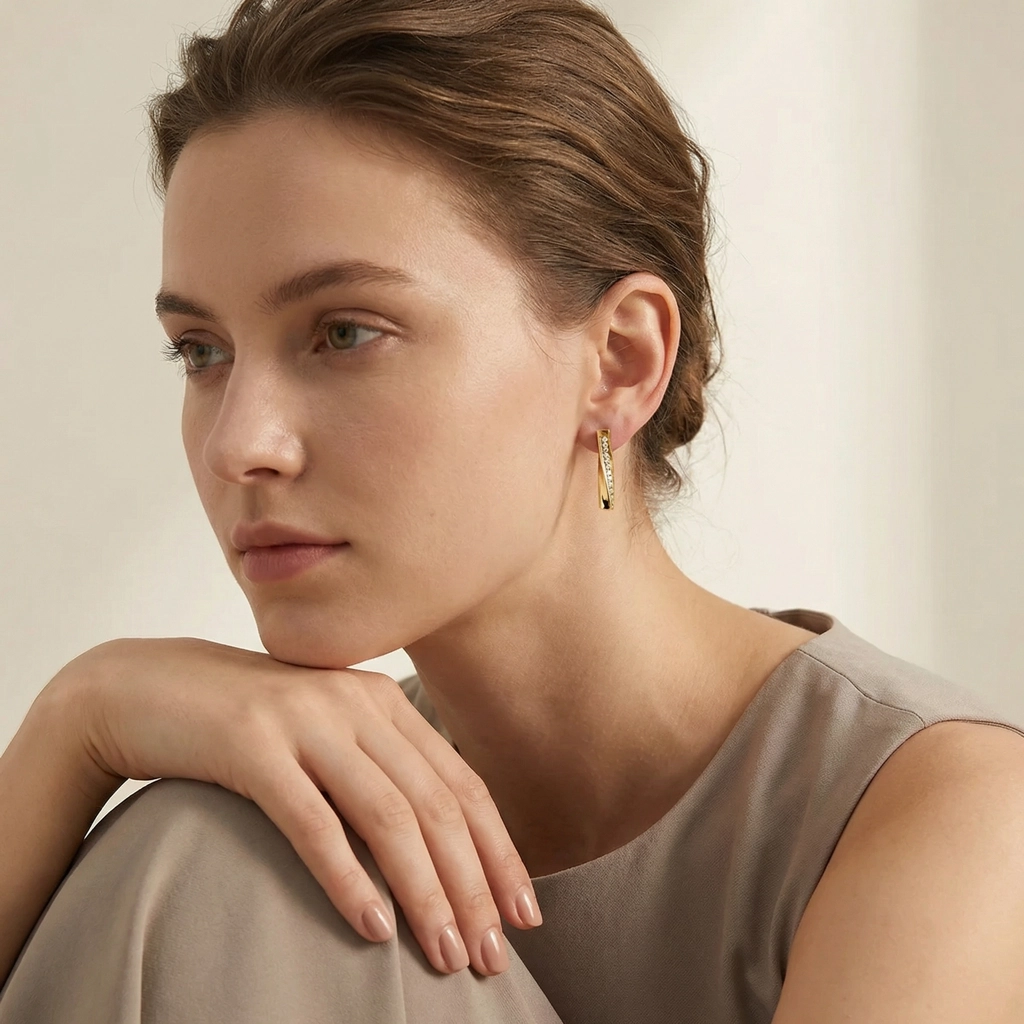 Geometric Bar Stud Earrings - Cubic Zirconia - Premium Jewelry