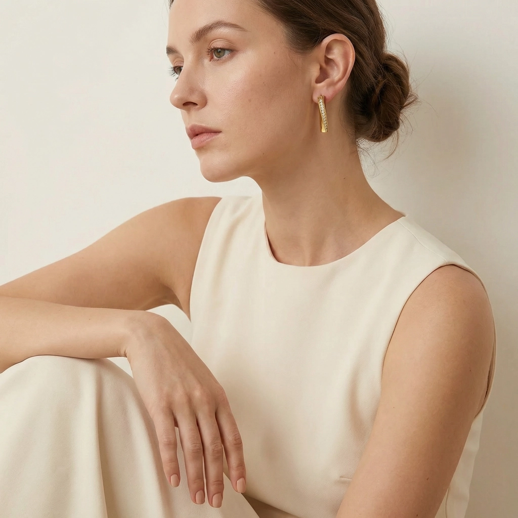 Geometric Bar Stud Earrings - Cubic Zirconia - Premium Jewelry