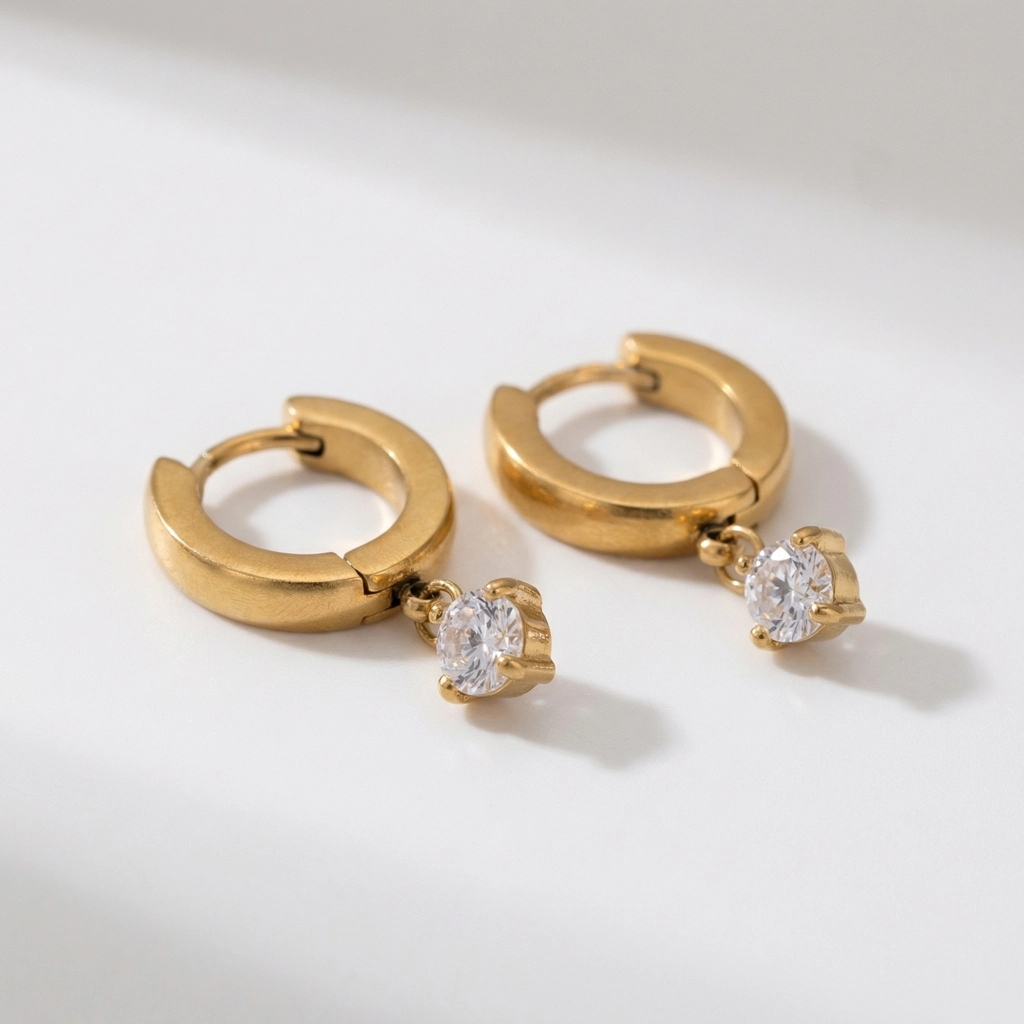 Zircon Drop Gold Plated Stainless Steel Earrings - Premium Jewelry