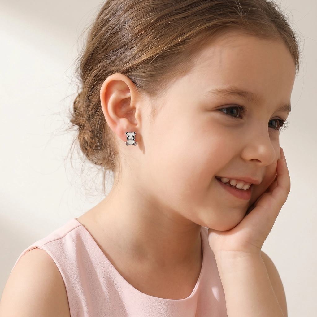 Rhodium Plated 925 Sterling Silver Panda Jewelry Earrings For Kids - Premium Jewelry