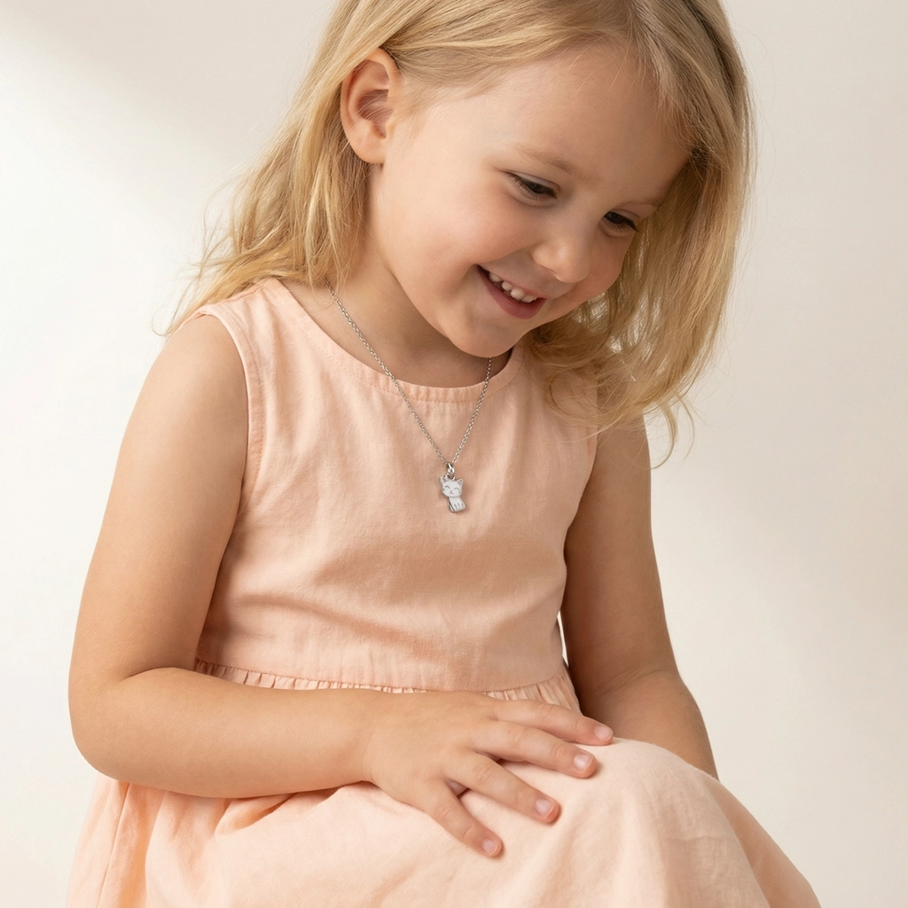 Sterling Silver Cat Pendant Necklace For Kids - Premium Jewelry